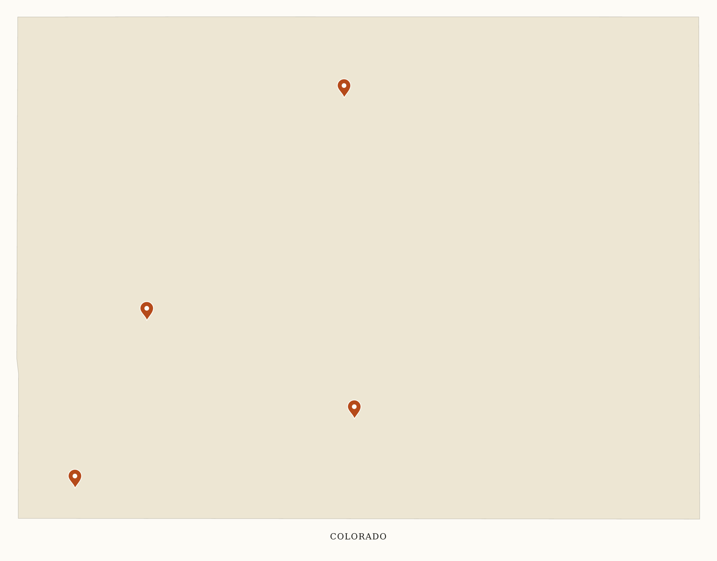 Colorado National Parks map: clean pin map, showing 4 locations: Black Canyon Of The Gunnison, Great Sand Dunes, Mesa Verde, Rocky Mountain