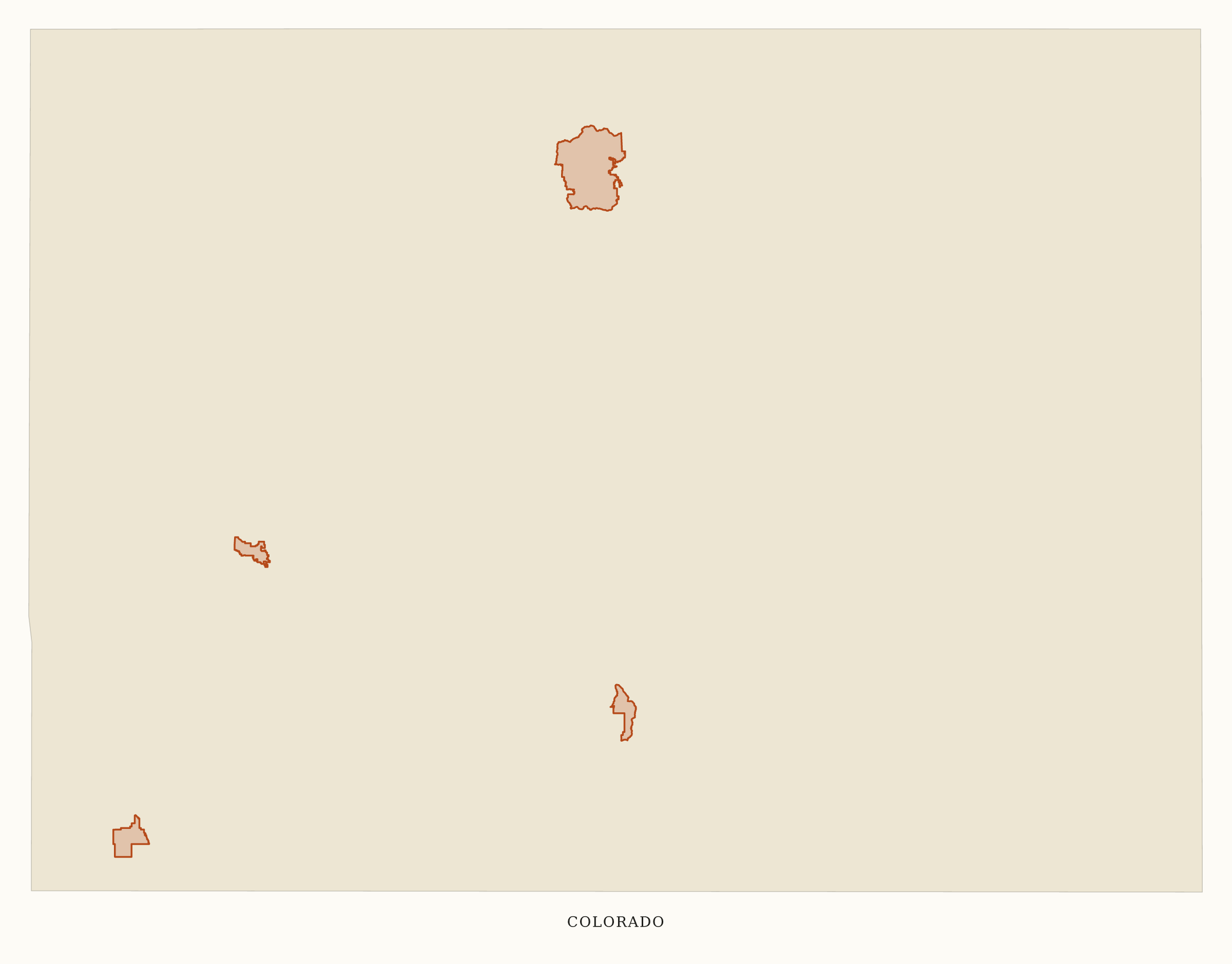 Colorado National Parks map: clean area map, showing 4 locations: Black Canyon Of The Gunnison, Great Sand Dunes, Mesa Verde, Rocky Mountain