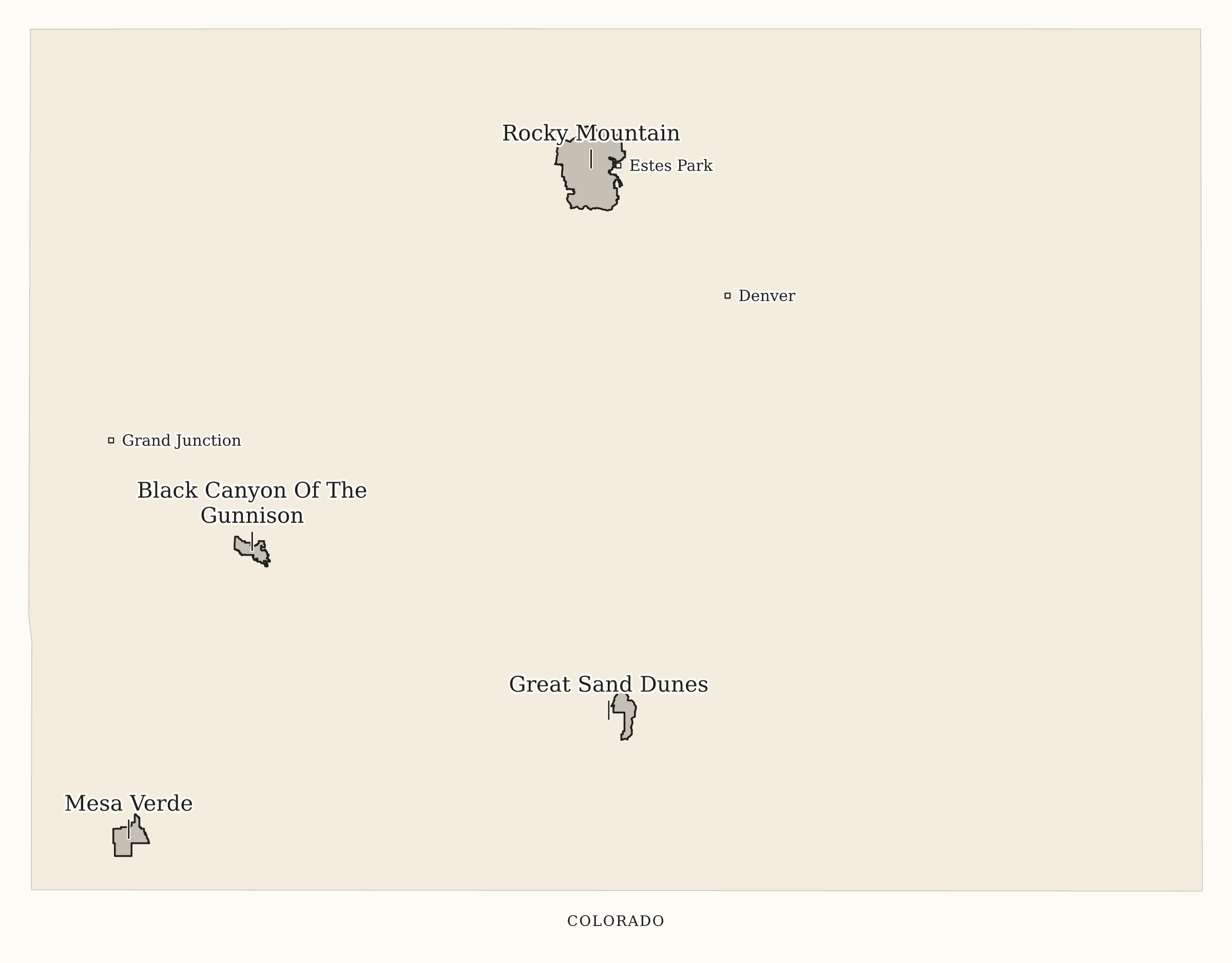 Colorado National Parks map: print-friendly map, showing 4 locations: Black Canyon Of The Gunnison, Great Sand Dunes, Mesa Verde, Rocky Mountain