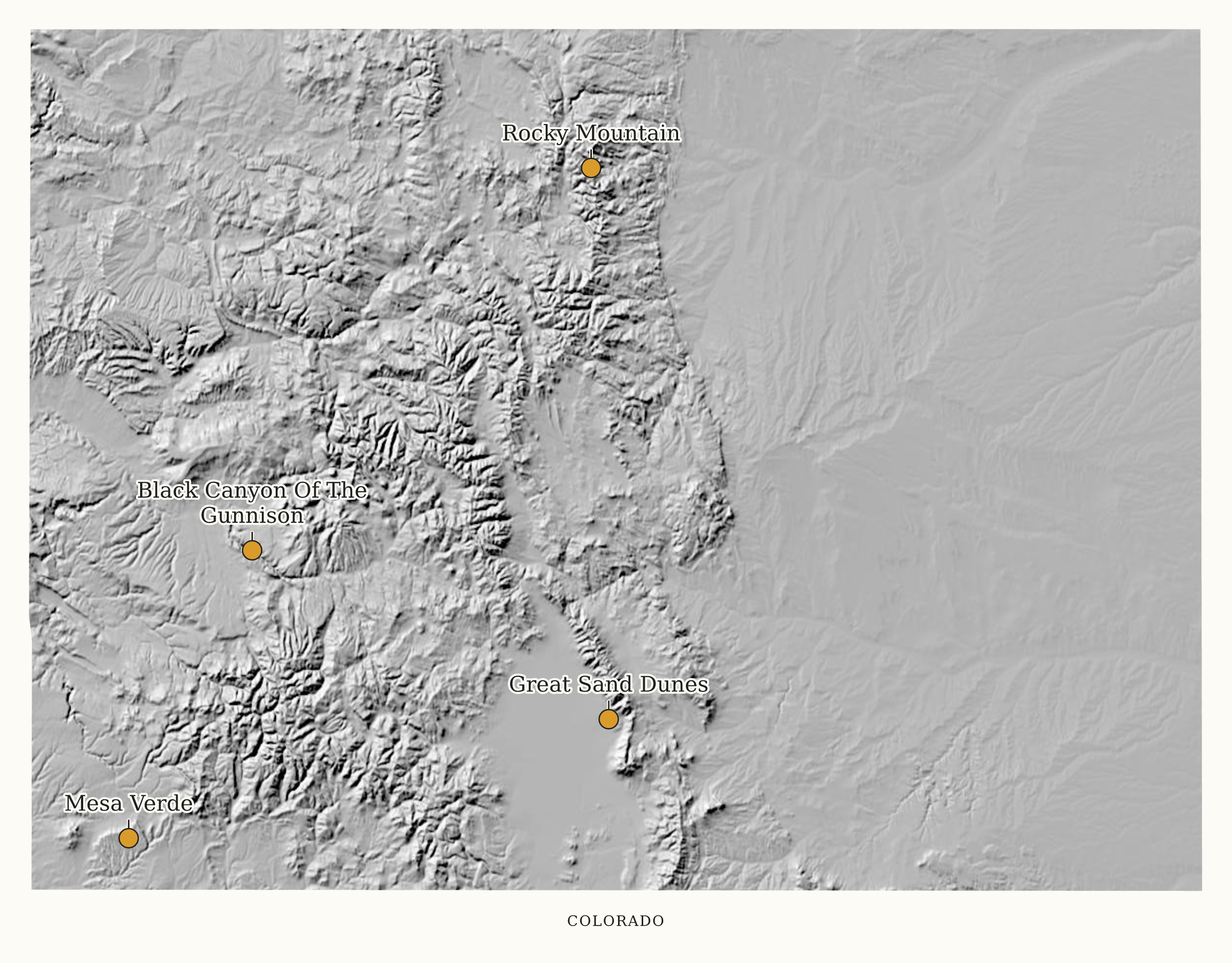 Colorado National Parks map: shaded relief map, showing 4 locations: Black Canyon Of The Gunnison, Great Sand Dunes, Mesa Verde, Rocky Mountain