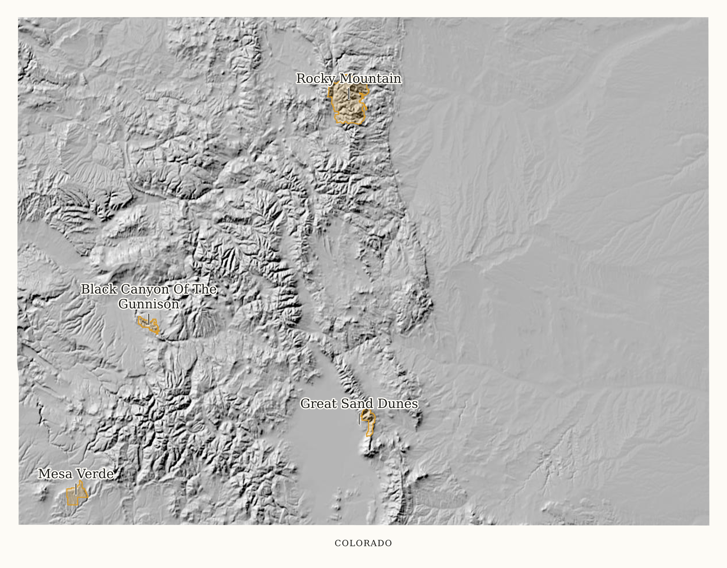 Colorado National Parks map: shaded relief map, showing 4 locations: Black Canyon Of The Gunnison, Great Sand Dunes, Mesa Verde, Rocky Mountain