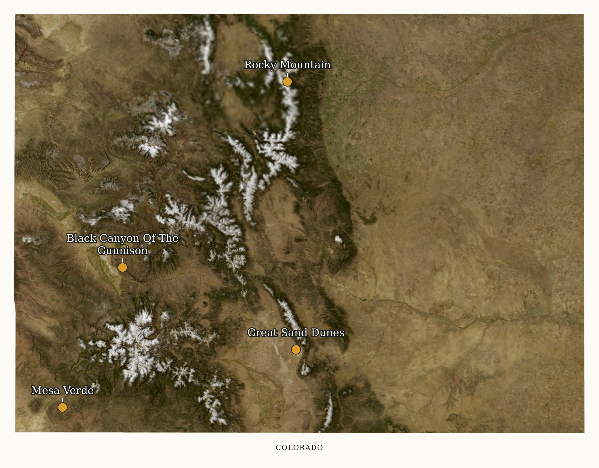 Colorado National Parks map: labeled satellite map, showing 4 locations: Black Canyon Of The Gunnison, Great Sand Dunes, Mesa Verde, Rocky Mountain