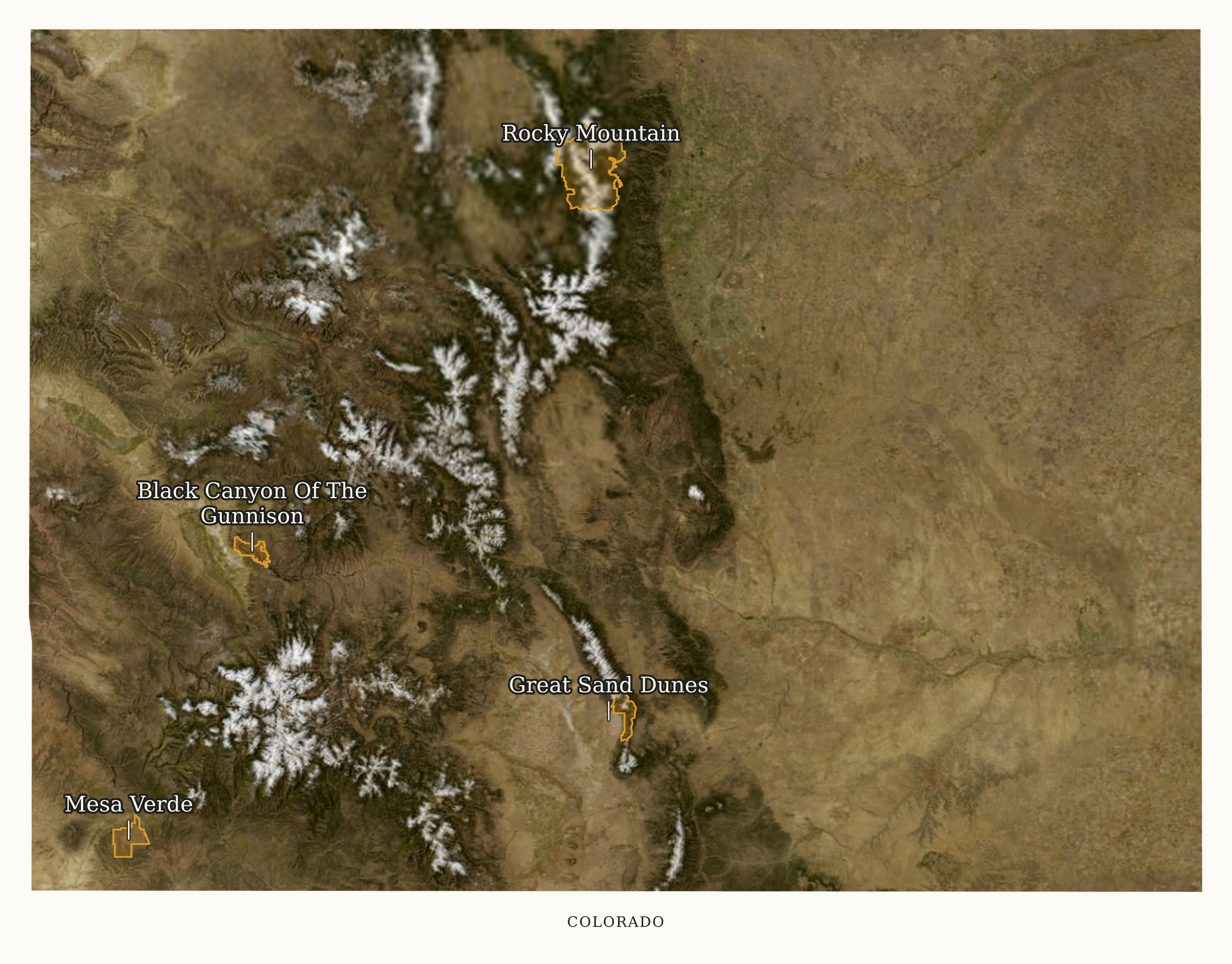 Colorado National Parks map: labeled satellite map, showing 4 locations: Black Canyon Of The Gunnison, Great Sand Dunes, Mesa Verde, Rocky Mountain