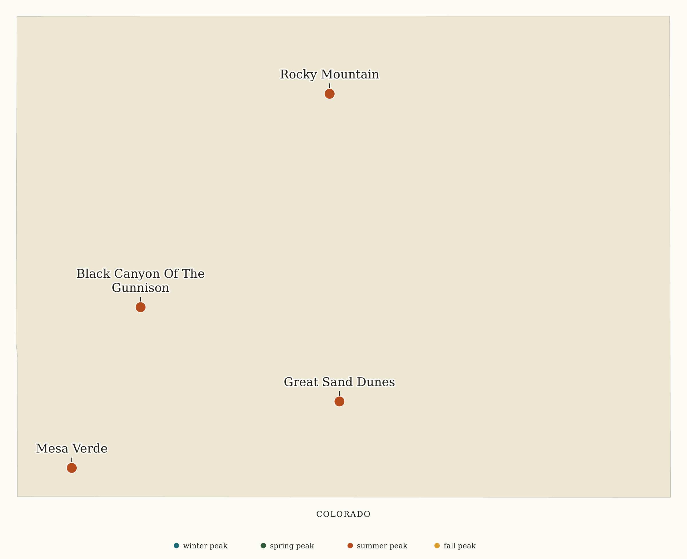 Colorado National Parks map: busiest-season map, showing 4 locations: Black Canyon Of The Gunnison, Great Sand Dunes, Mesa Verde, Rocky Mountain