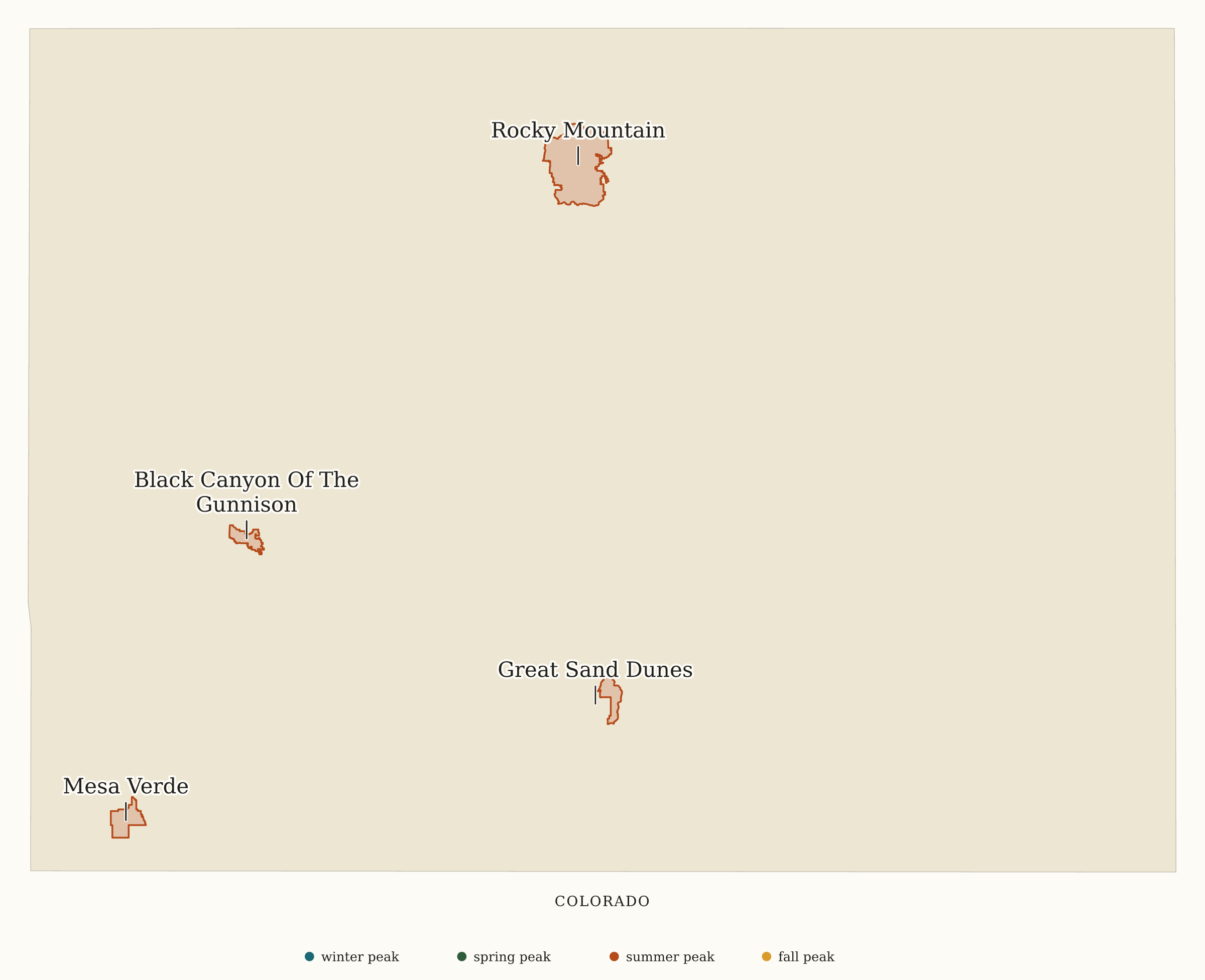 Colorado National Parks map: busiest-season map, showing 4 locations: Black Canyon Of The Gunnison, Great Sand Dunes, Mesa Verde, Rocky Mountain