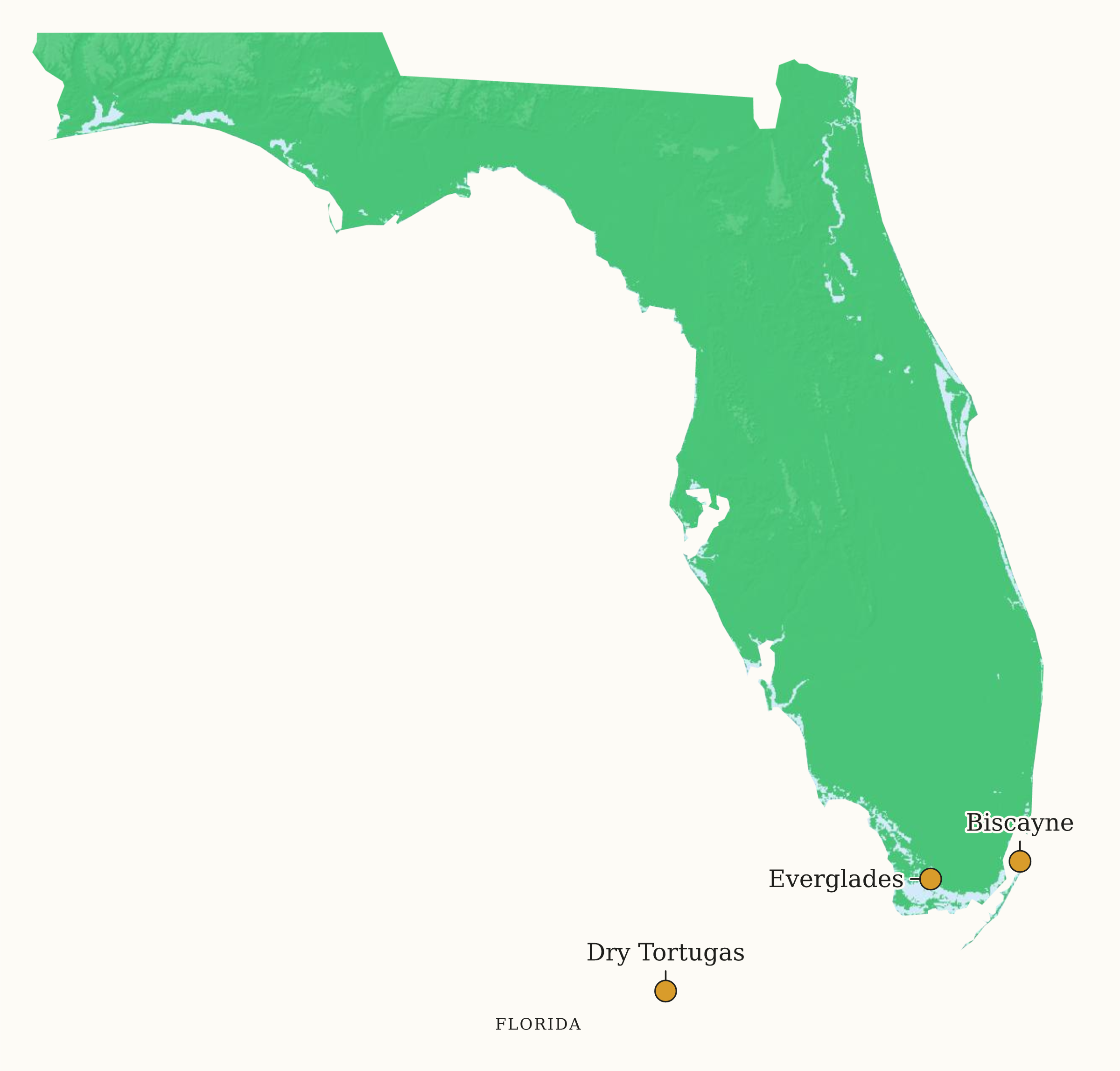 Florida National Parks map: elevation tint map, showing 3 locations: Biscayne, Dry Tortugas, Everglades