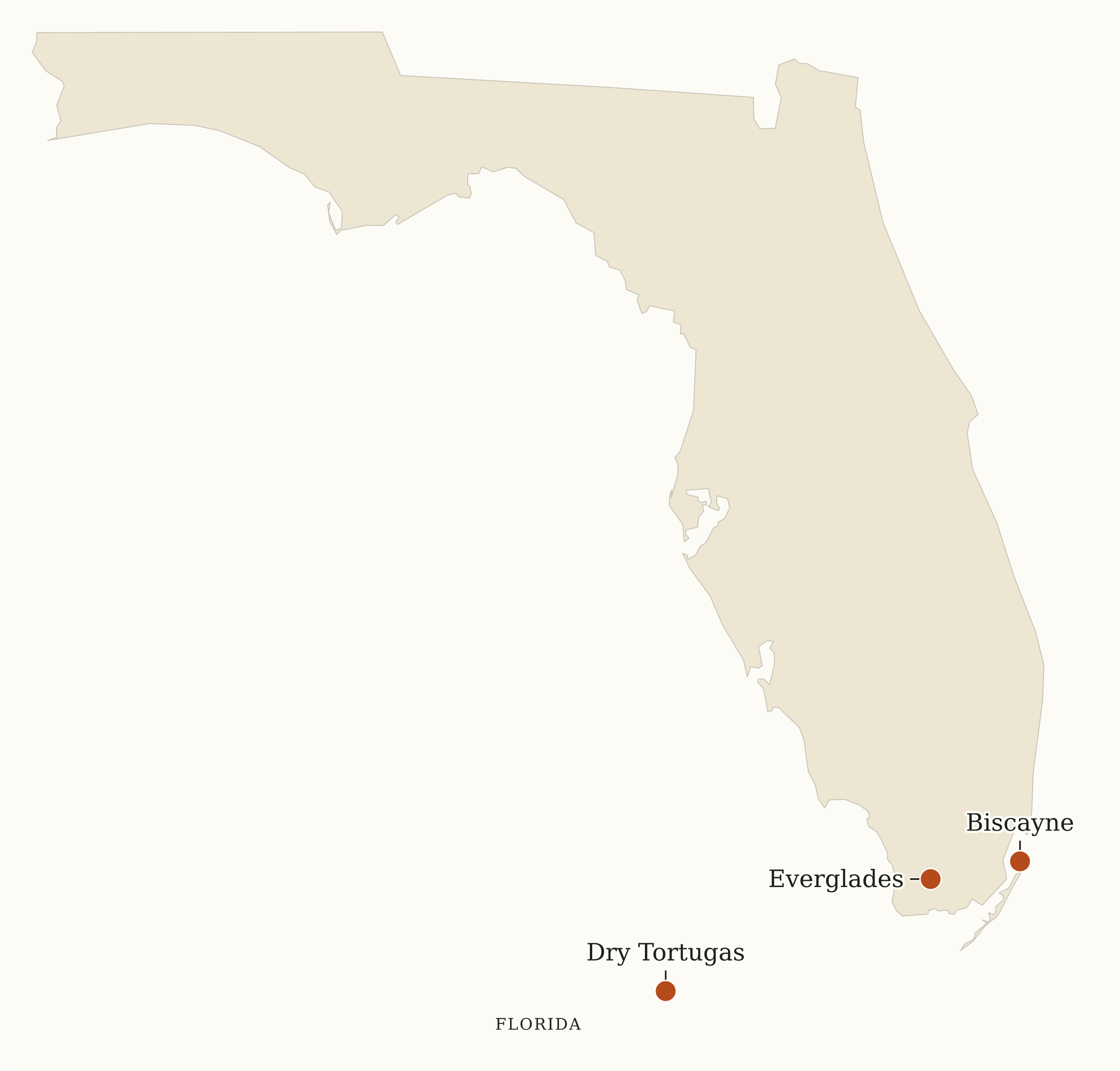Florida National Parks map: map with place names, showing 3 locations: Biscayne, Dry Tortugas, Everglades