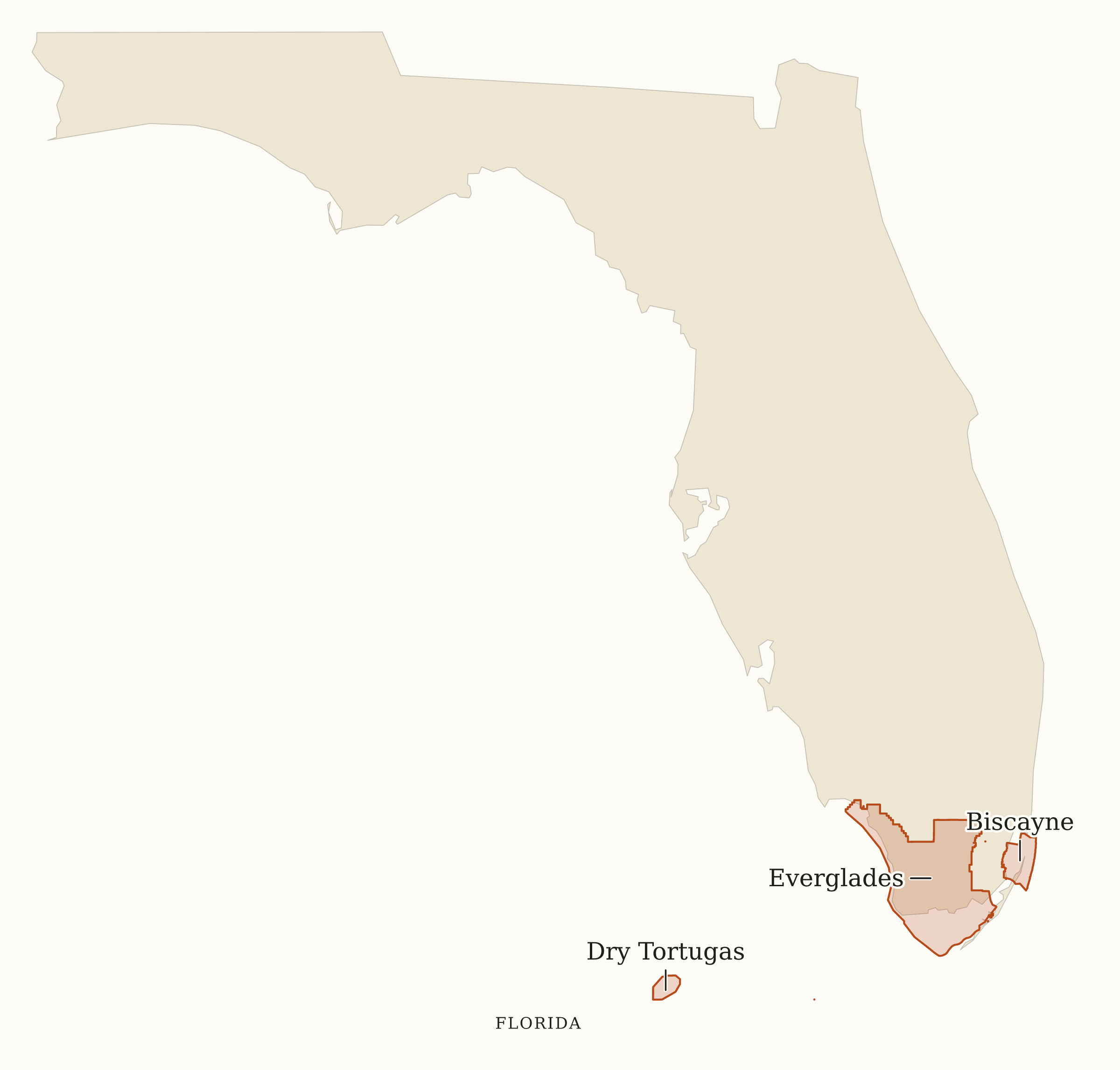 Florida National Parks map: map with place names, showing 3 locations: Biscayne, Dry Tortugas, Everglades
