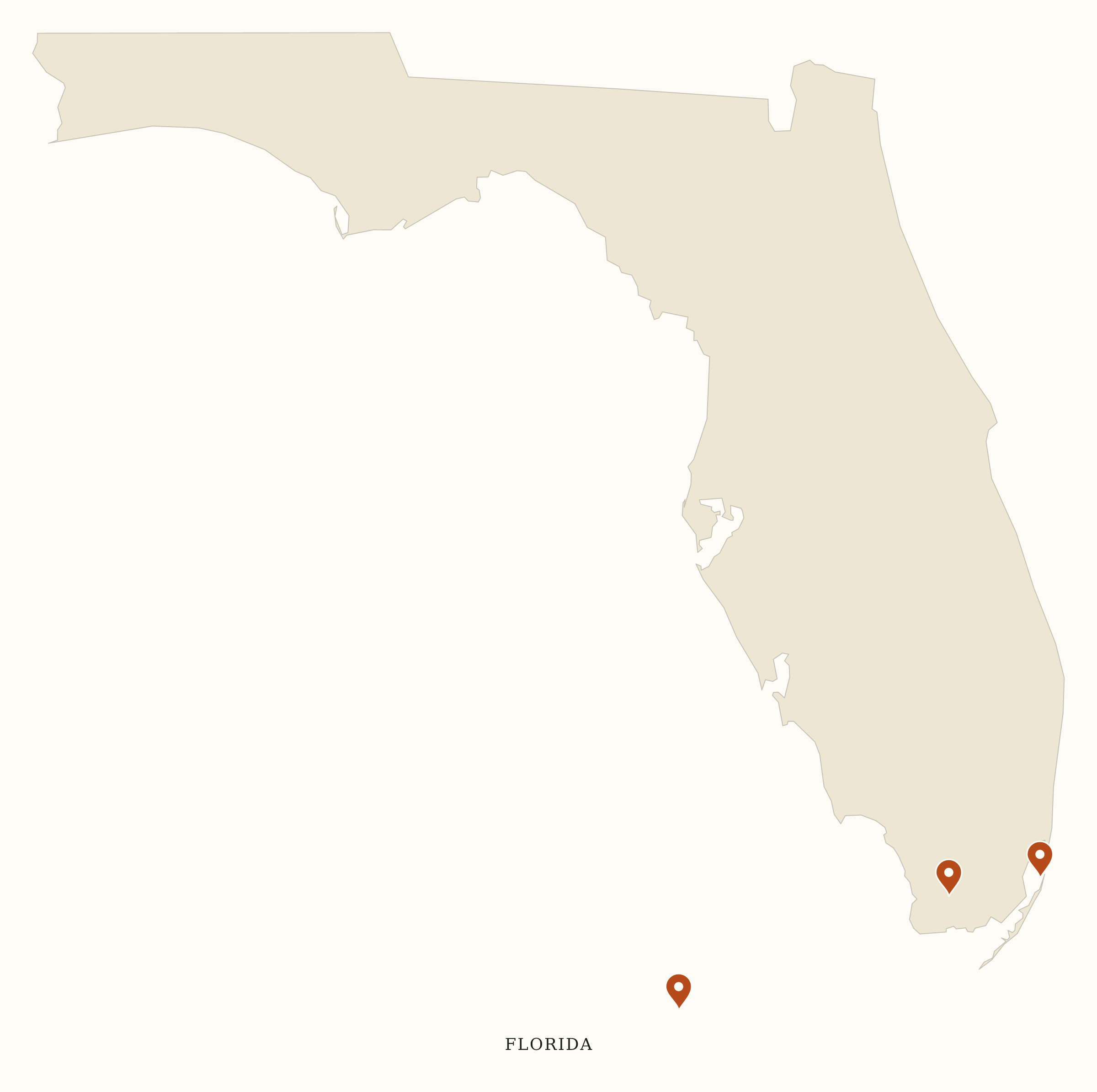 Florida National Parks map: clean pin map, showing 3 locations: Biscayne, Dry Tortugas, Everglades