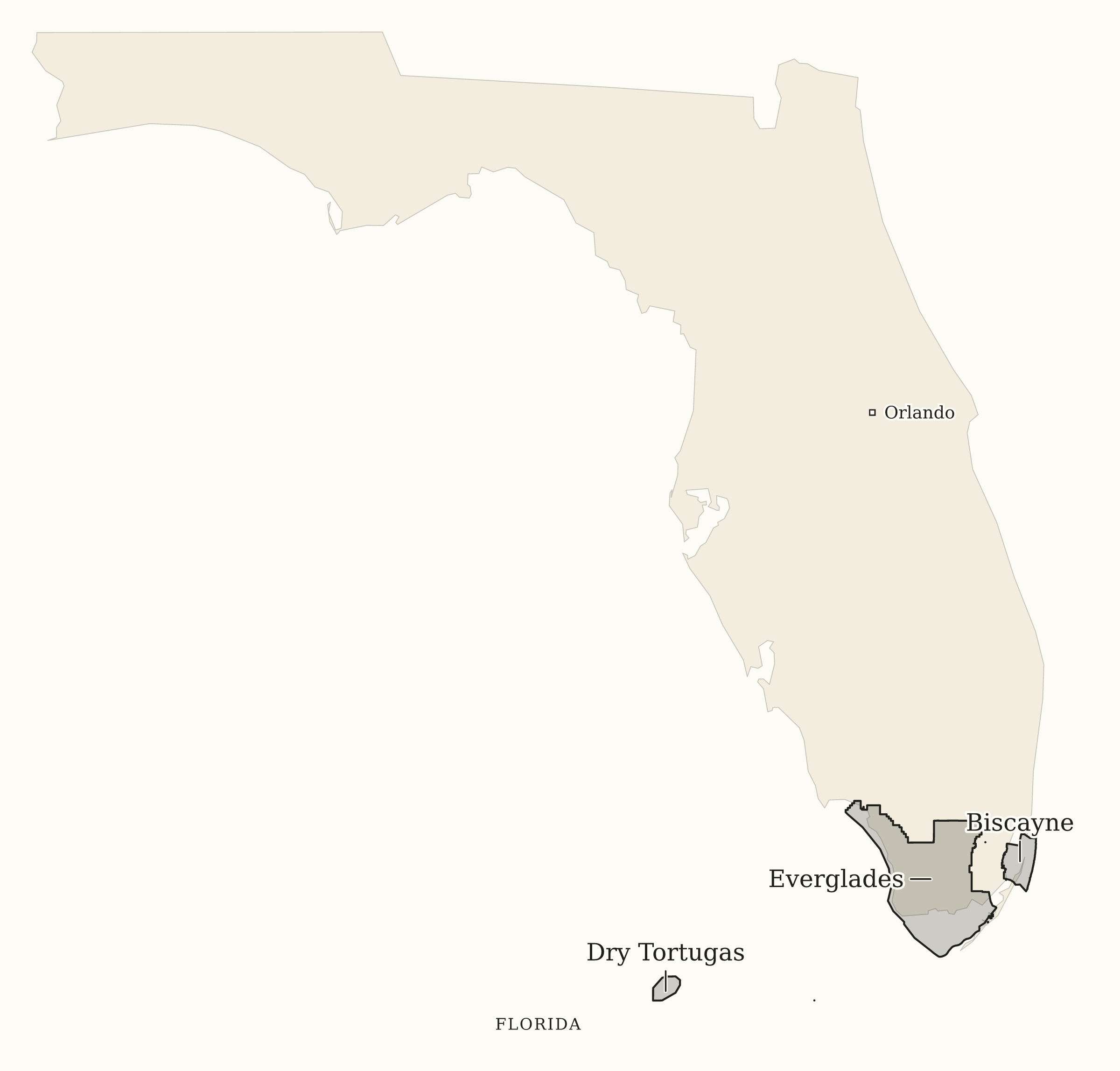 Florida National Parks map: print-friendly map, showing 3 locations: Biscayne, Dry Tortugas, Everglades