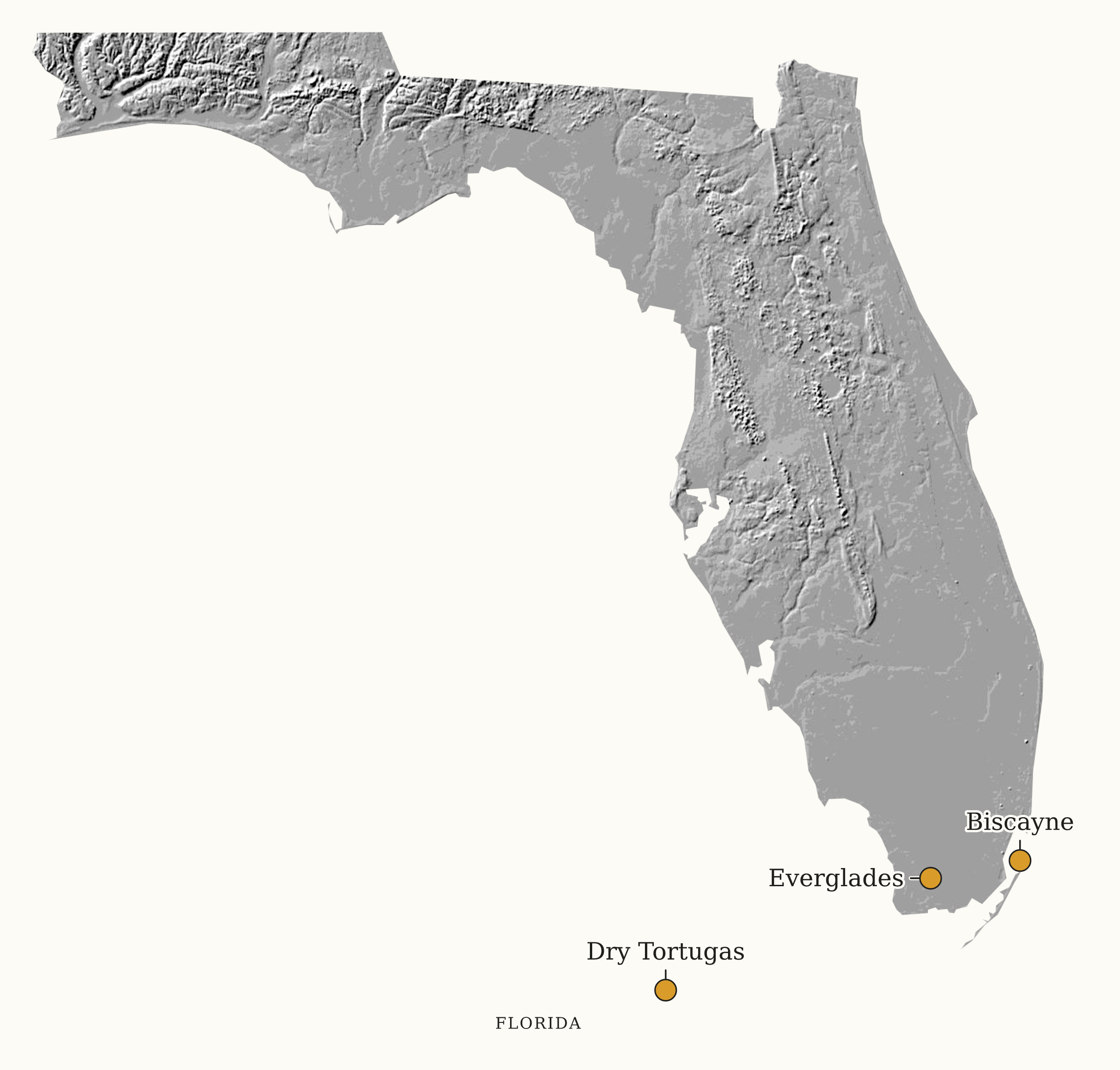 Florida National Parks map: shaded relief map, showing 3 locations: Biscayne, Dry Tortugas, Everglades