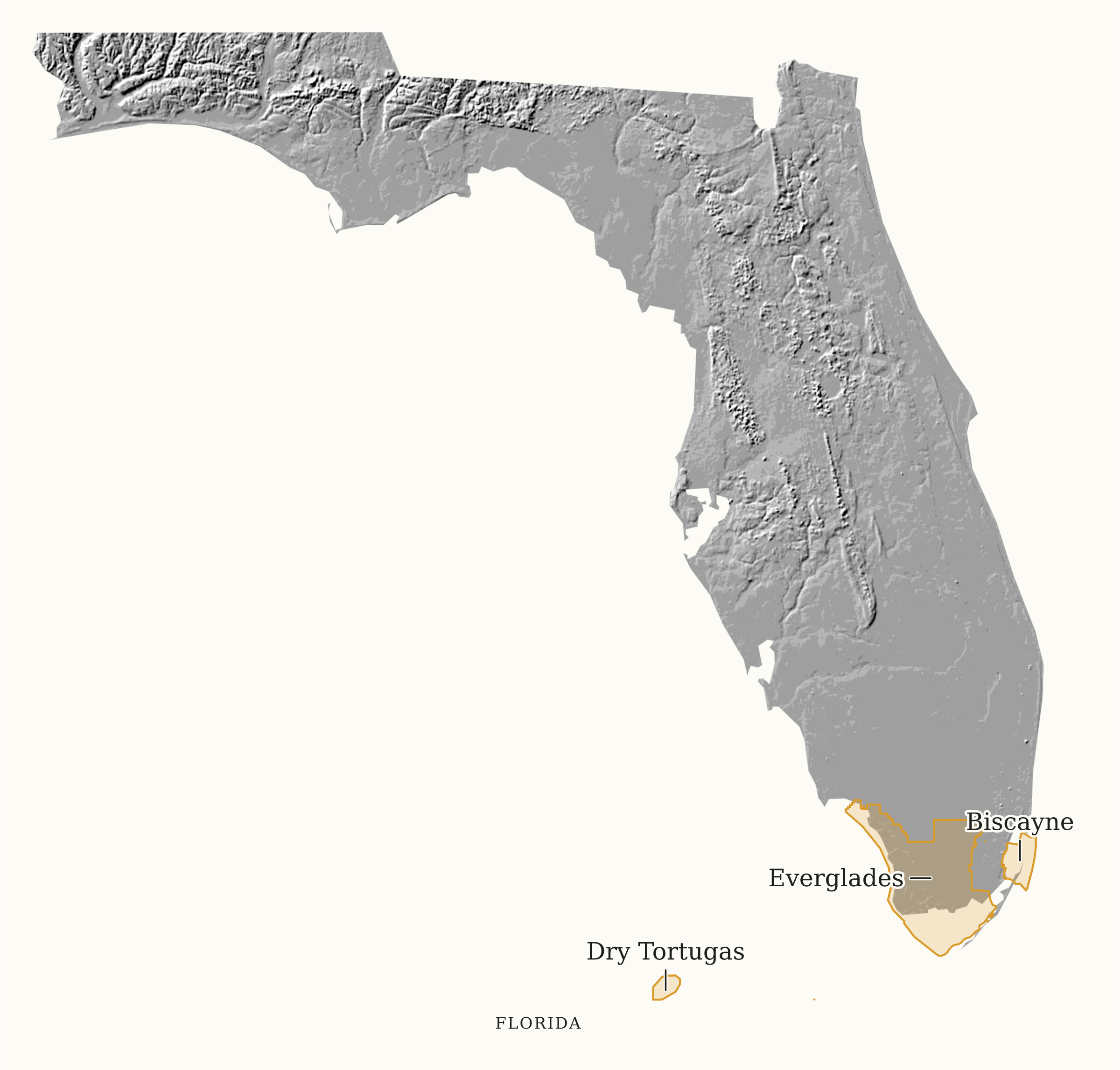 Florida National Parks map: shaded relief map, showing 3 locations: Biscayne, Dry Tortugas, Everglades