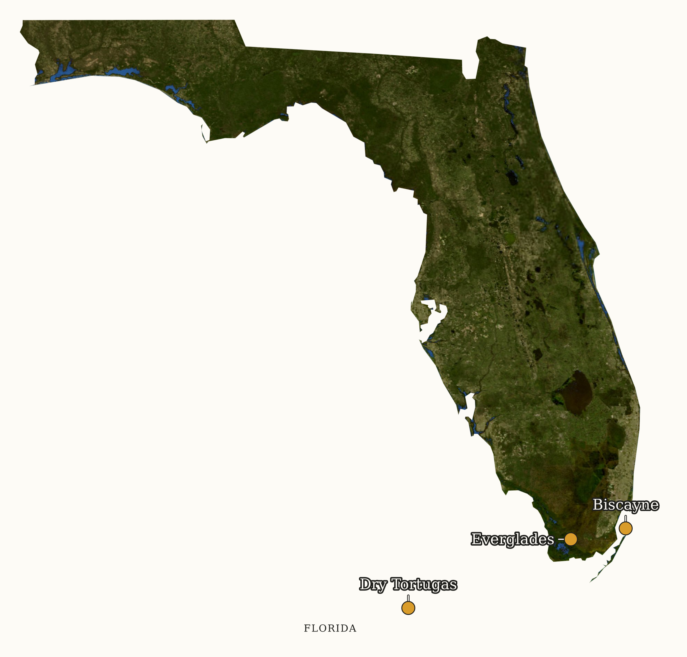 Florida National Parks map: labeled satellite map, showing 3 locations: Biscayne, Dry Tortugas, Everglades