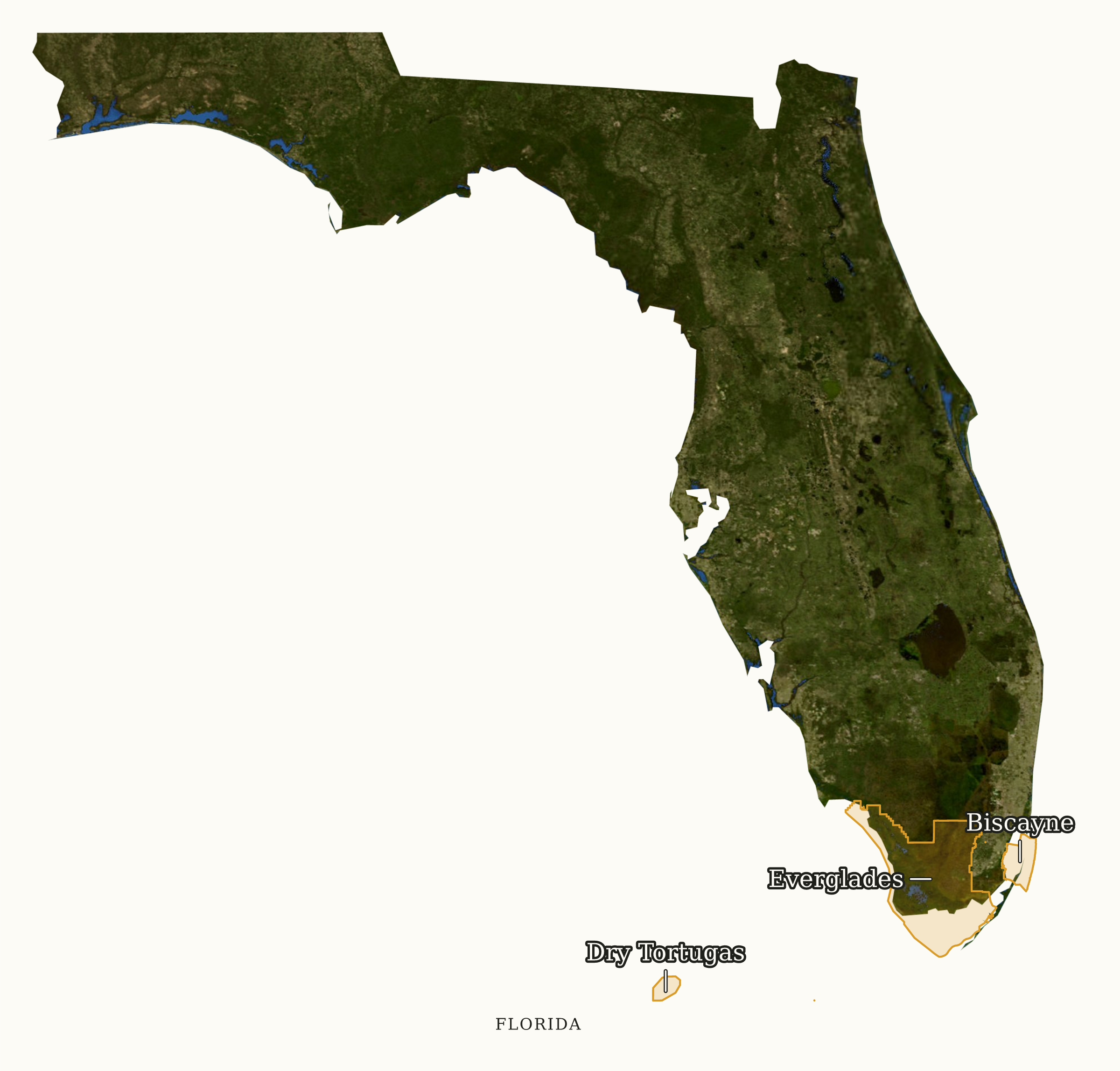 Florida National Parks map: labeled satellite map, showing 3 locations: Biscayne, Dry Tortugas, Everglades