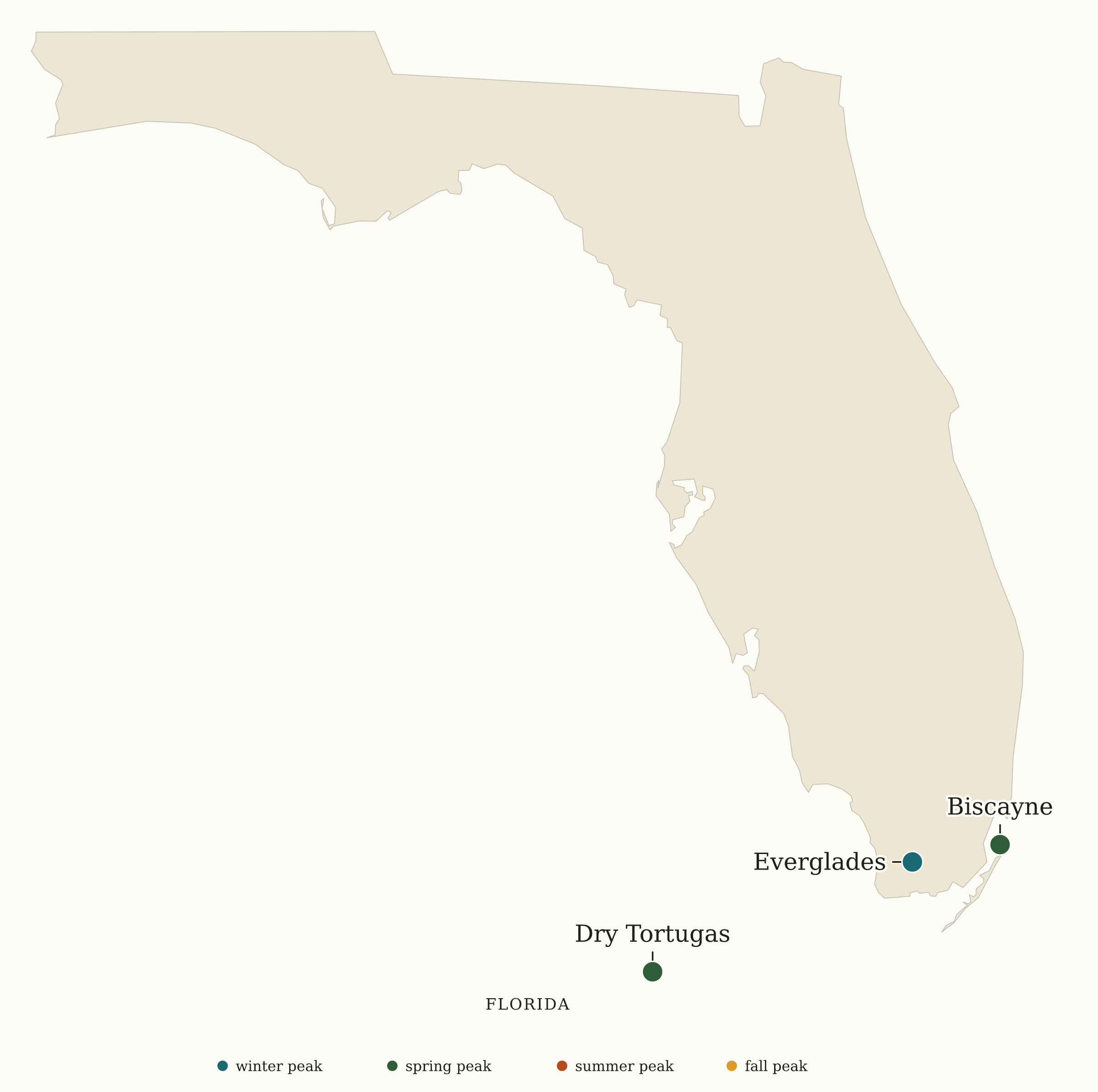 Florida National Parks map: busiest-season map, showing 3 locations: Biscayne, Dry Tortugas, Everglades