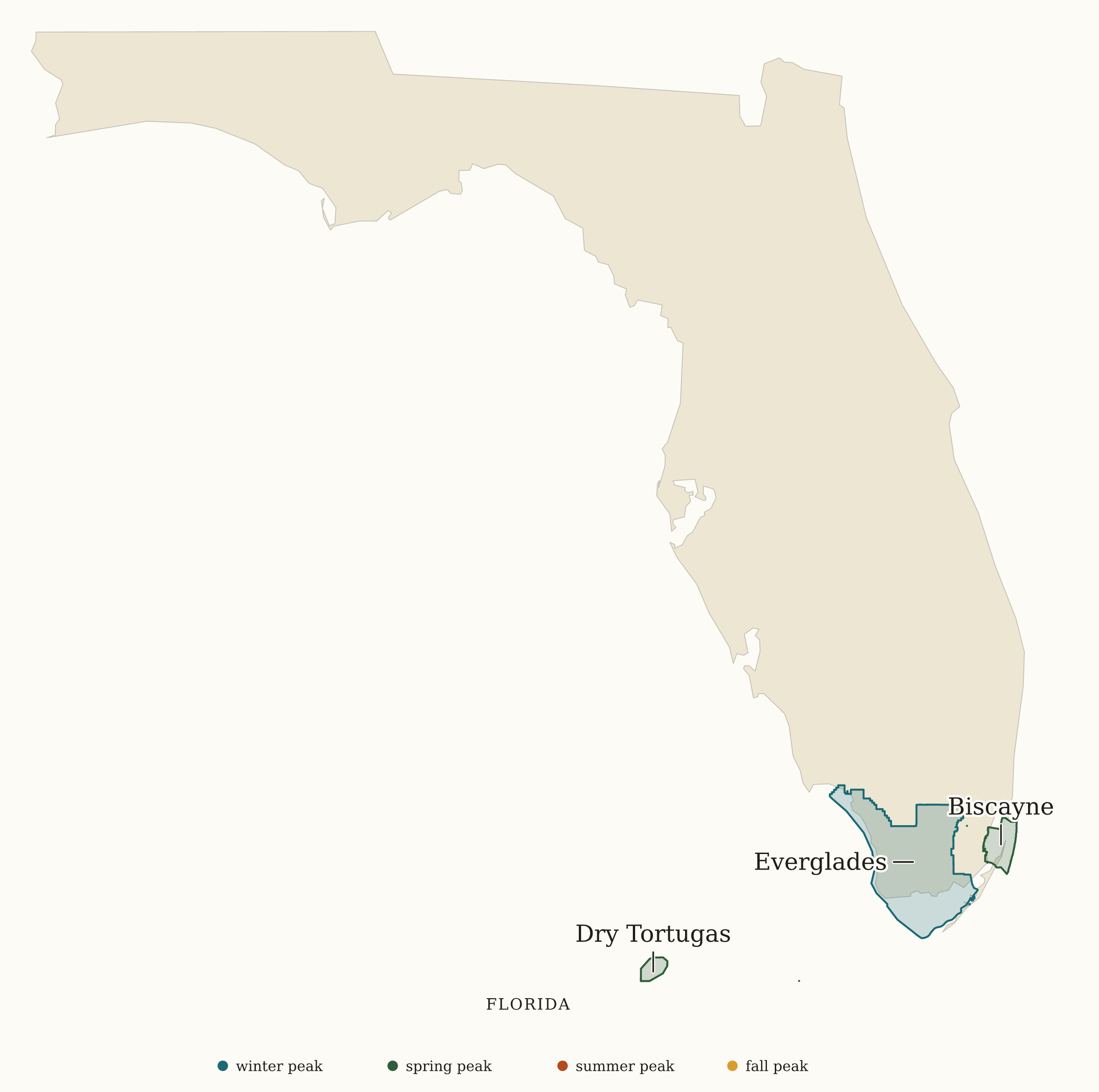 Florida National Parks map: busiest-season map, showing 3 locations: Biscayne, Dry Tortugas, Everglades