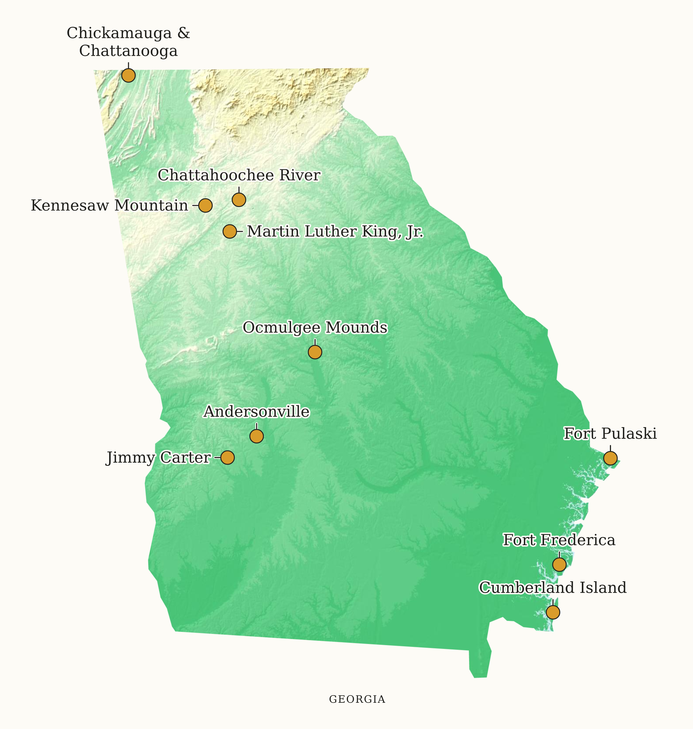 Georgia NPS sites map: elevation tint map, showing 10 locations, including Andersonville, Chattahoochee River, Chickamauga & Chattanooga