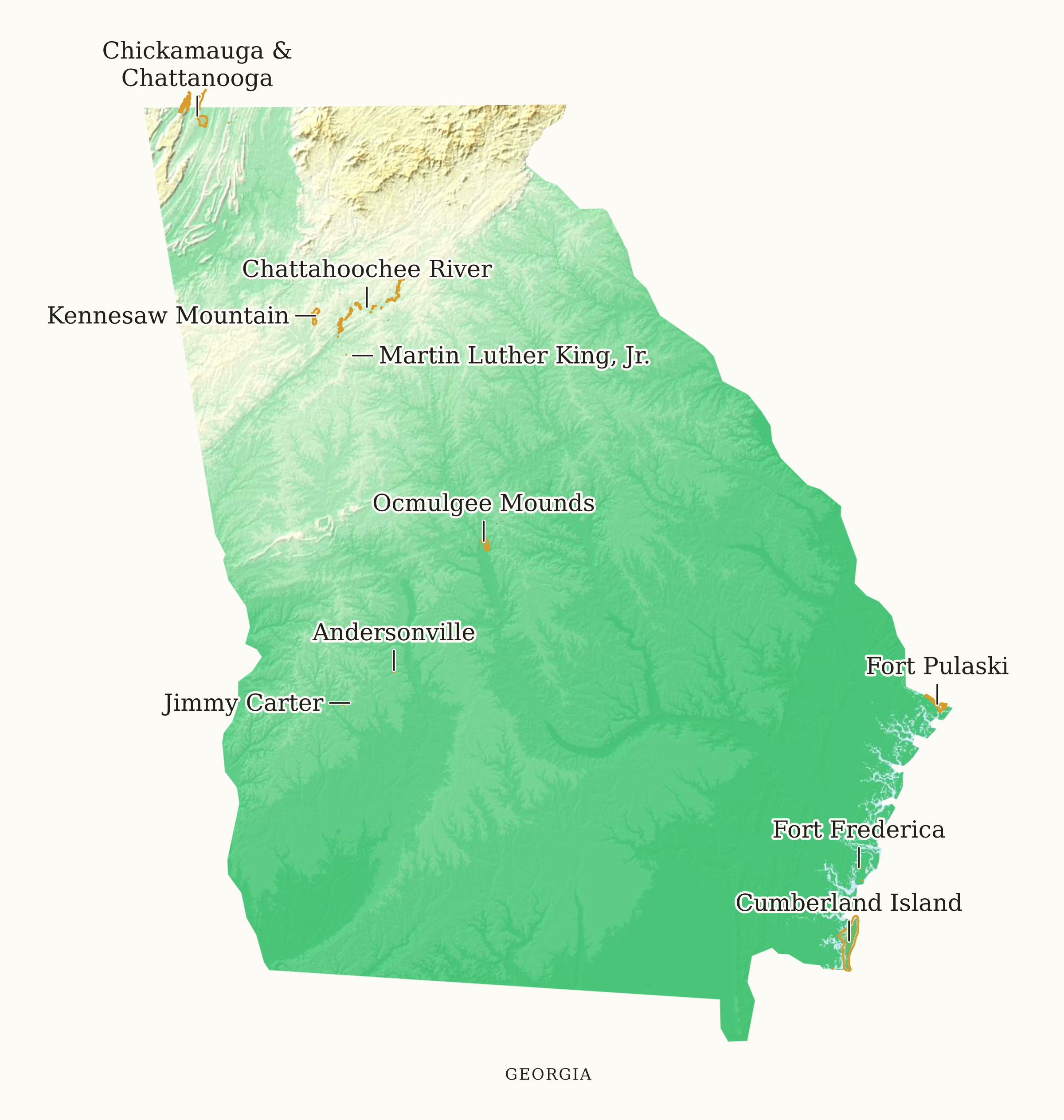 Georgia NPS sites map: elevation tint map, showing 10 locations, including Andersonville, Chattahoochee River, Chickamauga & Chattanooga