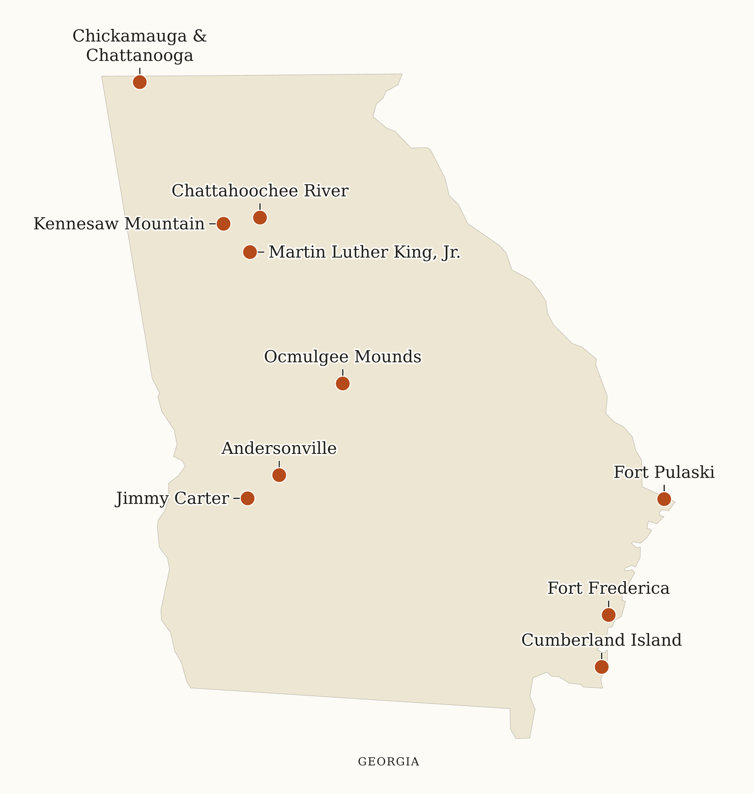 Georgia NPS sites map: map with place names, showing 10 locations, including Andersonville, Chattahoochee River, Chickamauga & Chattanooga