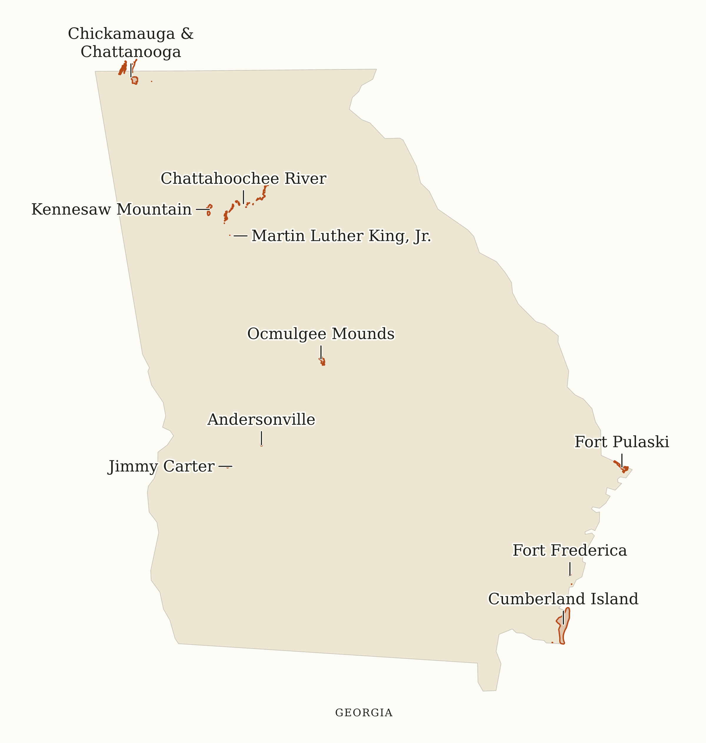 Georgia NPS sites map: map with place names, showing 10 locations, including Andersonville, Chattahoochee River, Chickamauga & Chattanooga
