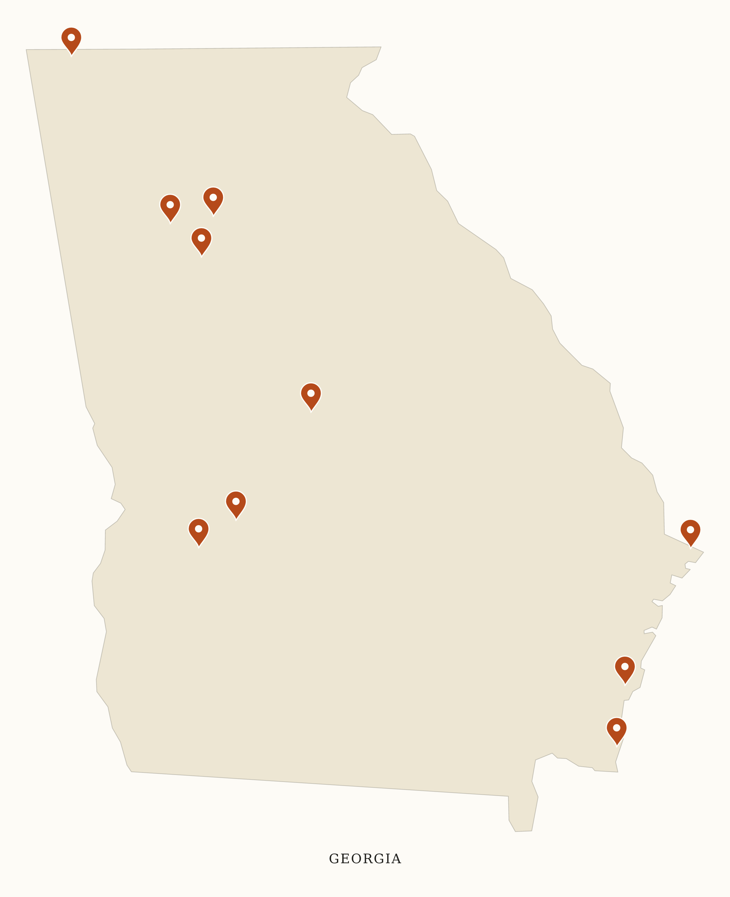 Georgia NPS sites map: clean pin map, showing 10 locations, including Andersonville, Chattahoochee River, Chickamauga & Chattanooga