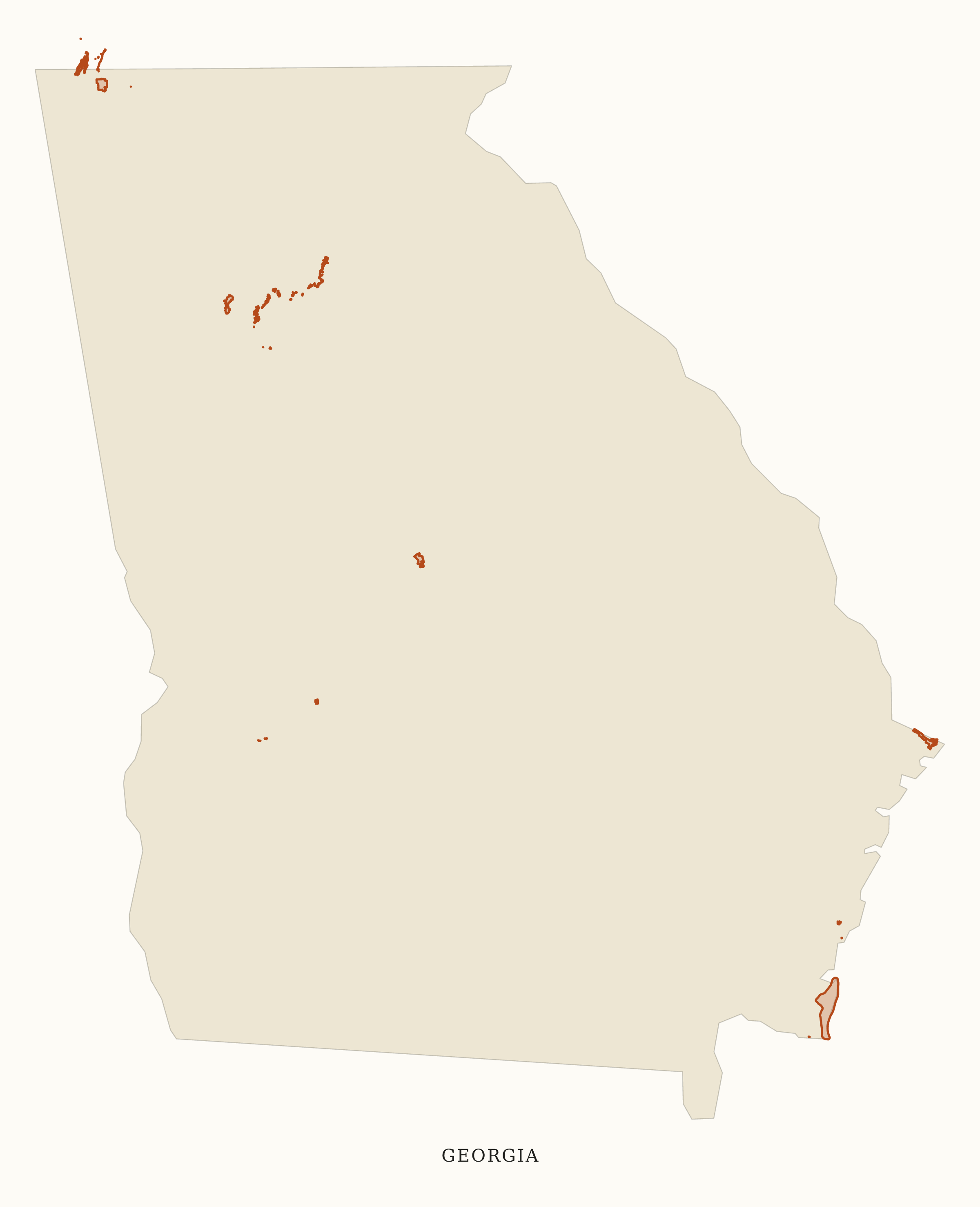 Georgia NPS sites map: clean area map, showing 10 locations, including Andersonville, Chattahoochee River, Chickamauga & Chattanooga