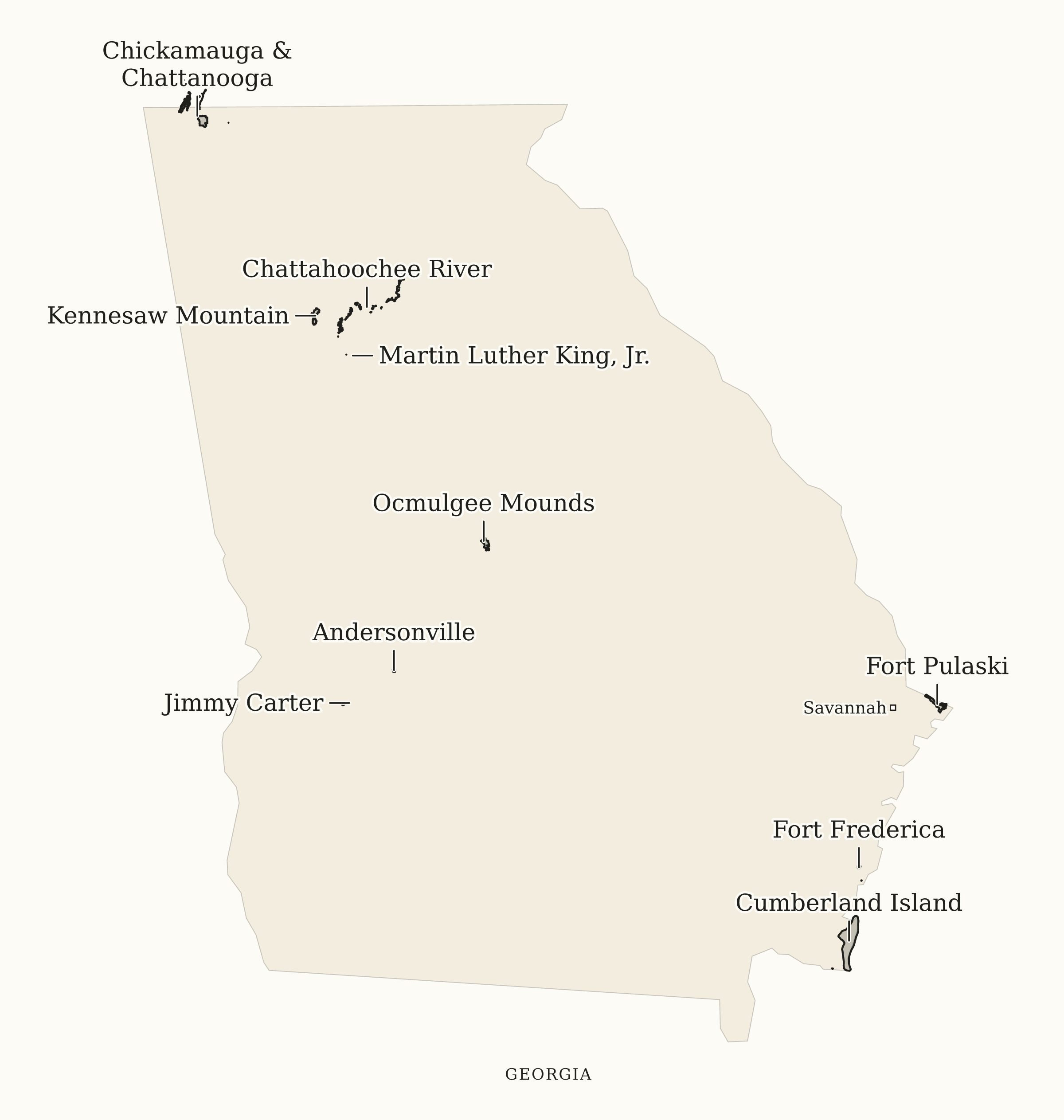 Georgia NPS sites map: print-friendly map, showing 10 locations, including Andersonville, Chattahoochee River, Chickamauga & Chattanooga