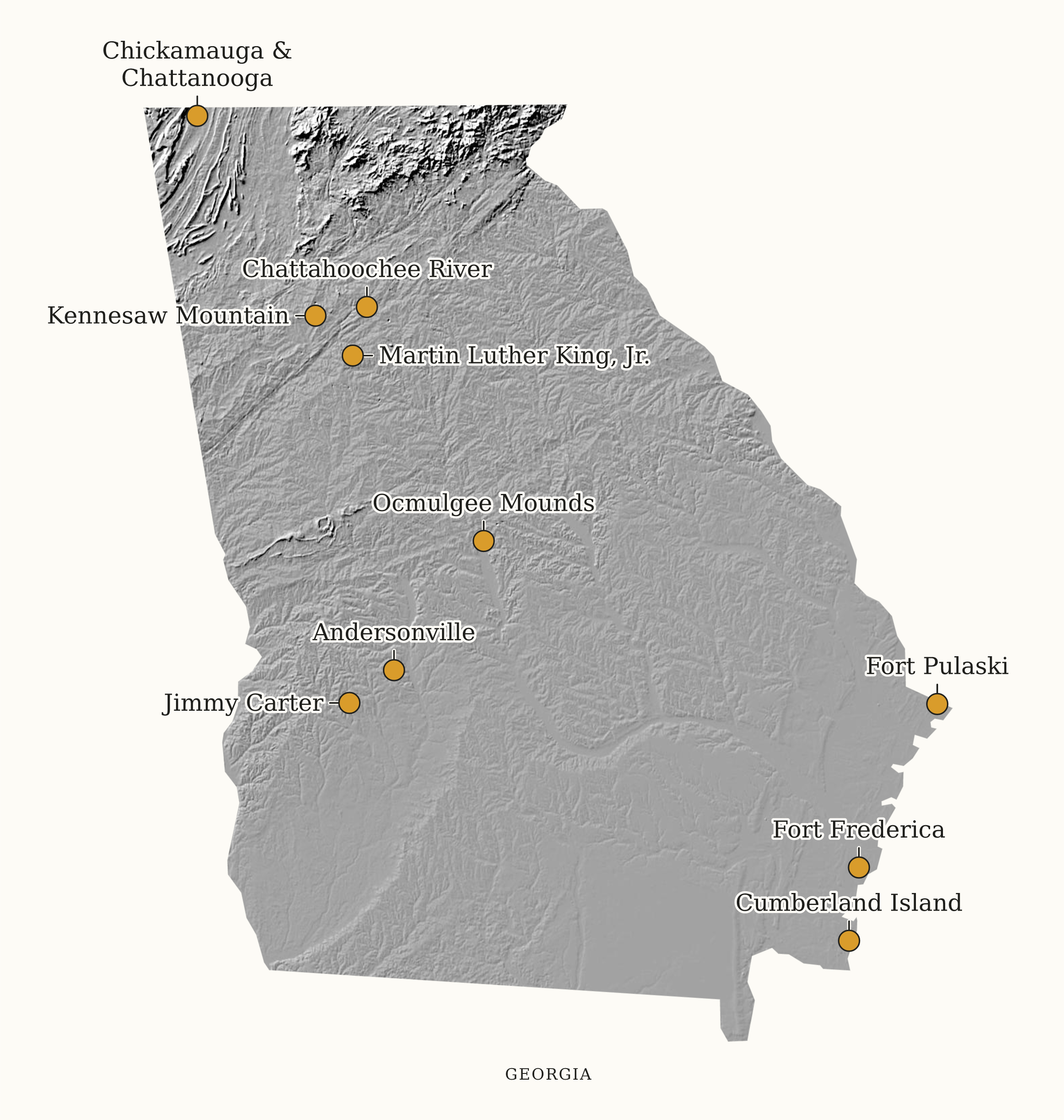 Georgia NPS sites map: shaded relief map, showing 10 locations, including Andersonville, Chattahoochee River, Chickamauga & Chattanooga