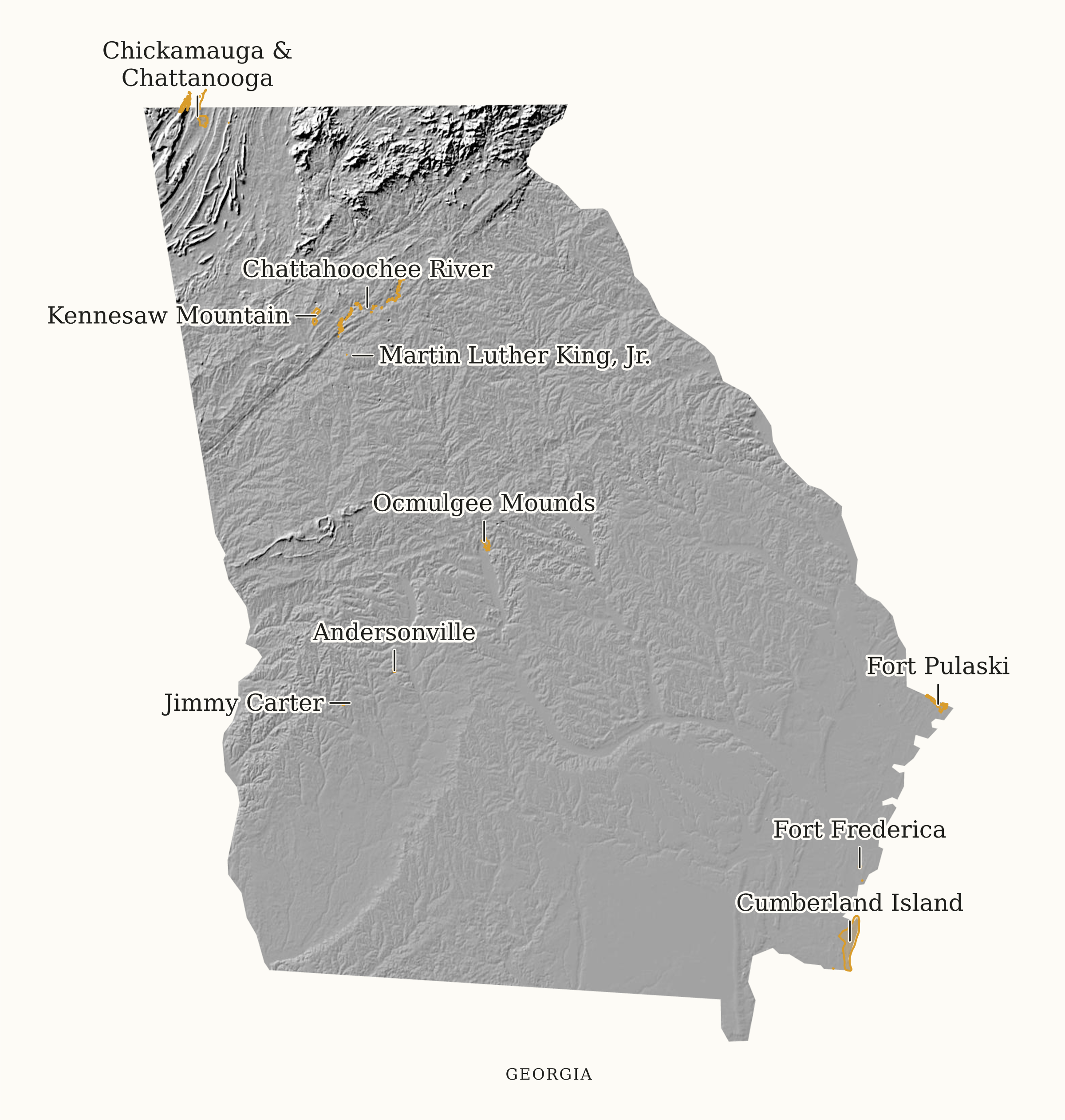 Georgia NPS sites map: shaded relief map, showing 10 locations, including Andersonville, Chattahoochee River, Chickamauga & Chattanooga