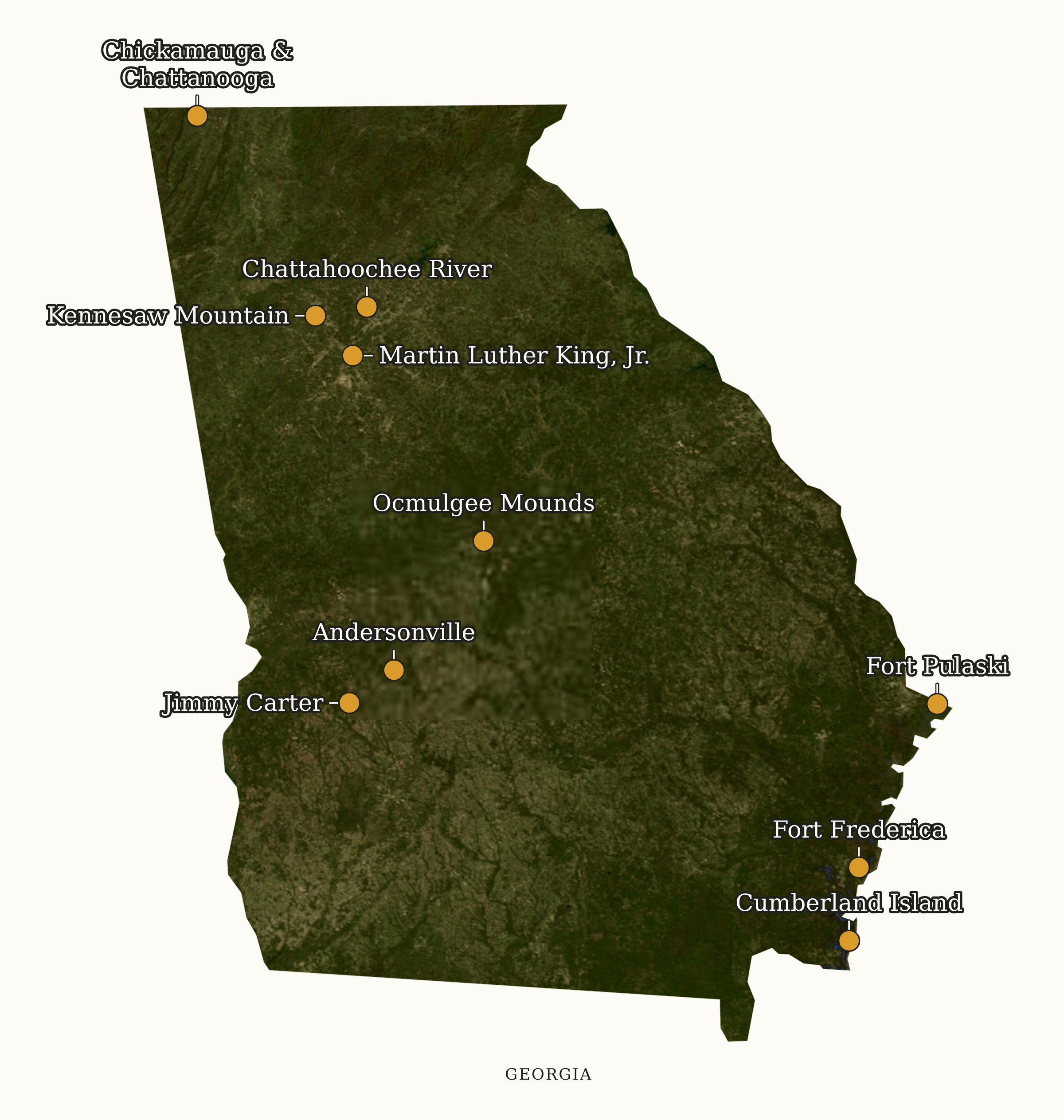 Georgia NPS sites map: labeled satellite map, showing 10 locations, including Andersonville, Chattahoochee River, Chickamauga & Chattanooga