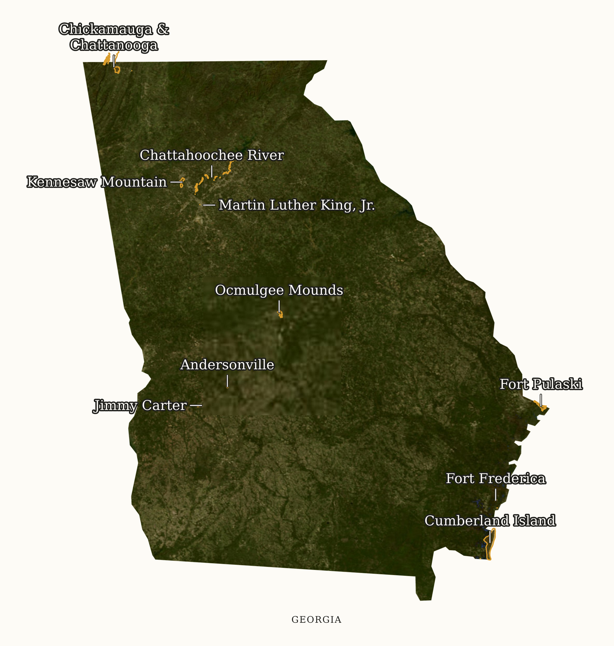 Georgia NPS sites map: labeled satellite map, showing 10 locations, including Andersonville, Chattahoochee River, Chickamauga & Chattanooga