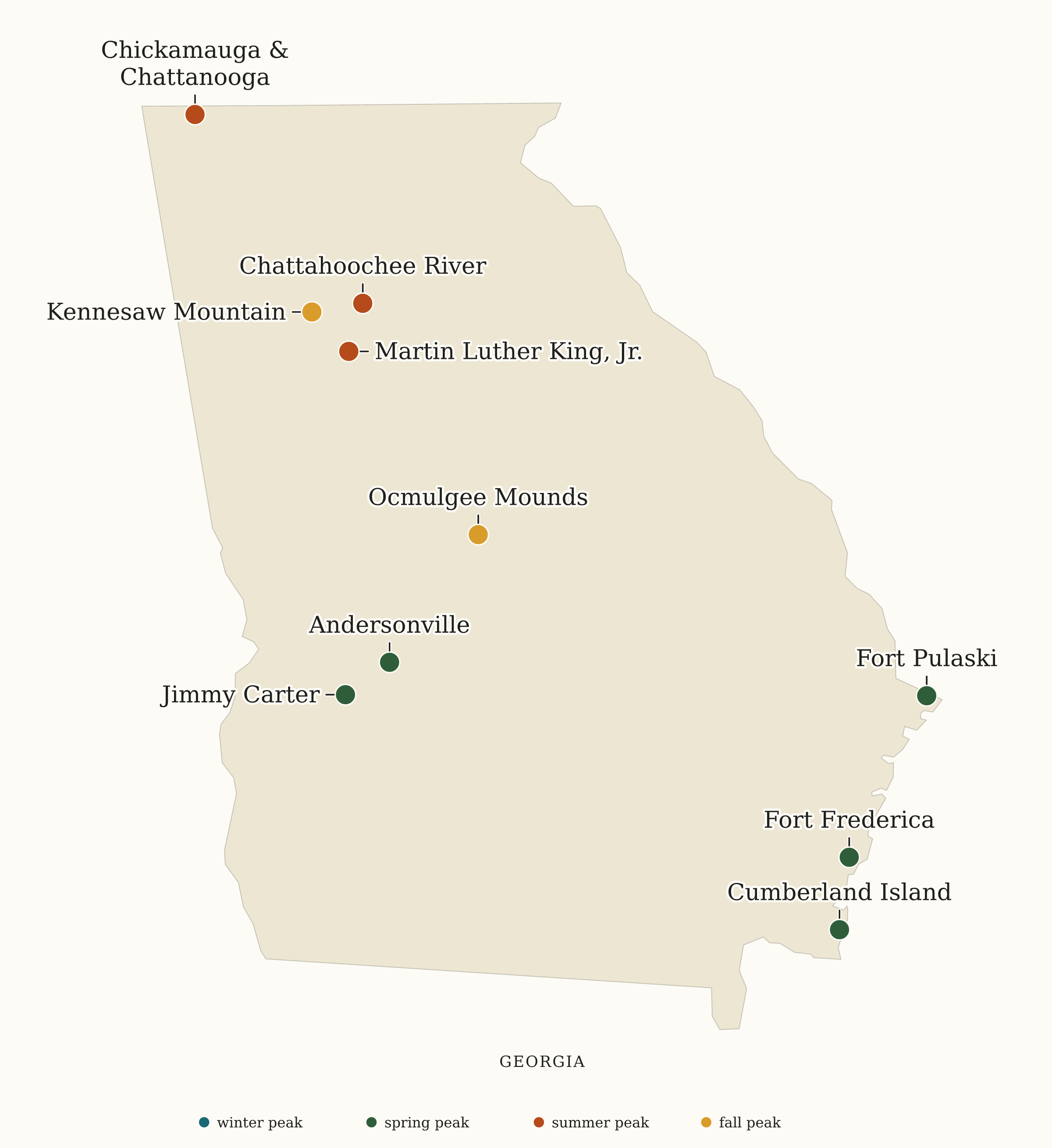 Georgia NPS sites map: busiest-season map, showing 10 locations, including Andersonville, Chattahoochee River, Chickamauga & Chattanooga