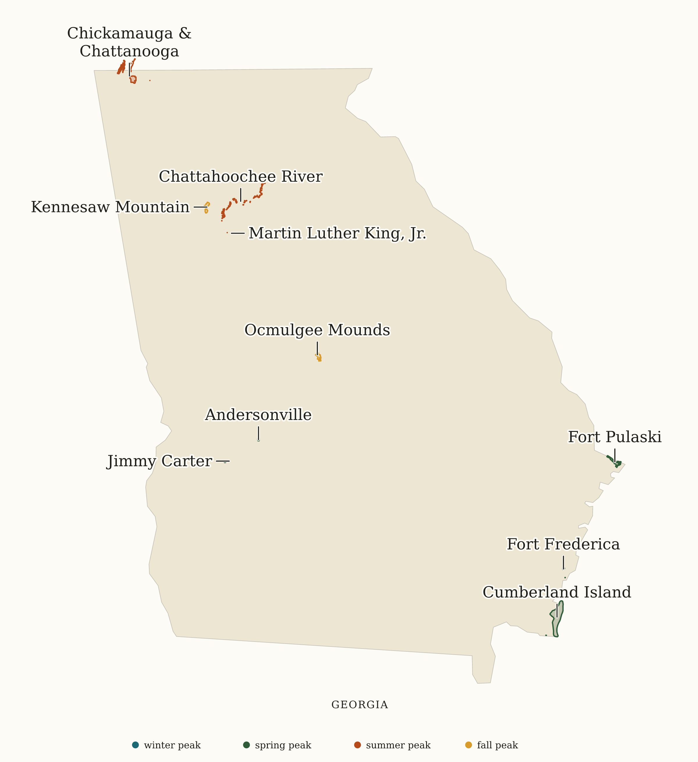 Georgia NPS sites map: busiest-season map, showing 10 locations, including Andersonville, Chattahoochee River, Chickamauga & Chattanooga