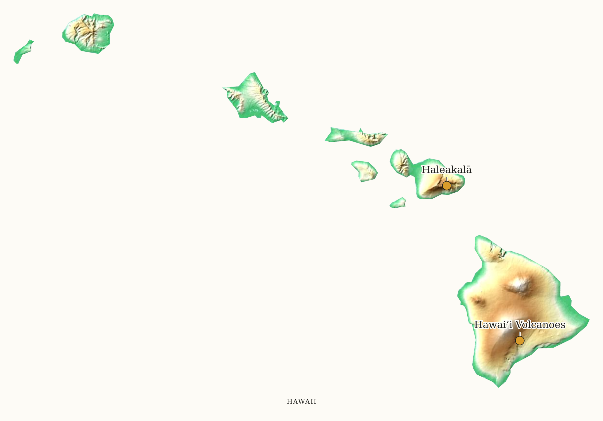 Hawaii National Parks map: elevation tint map, showing 2 locations: Haleakalā, Hawaiʻi Volcanoes