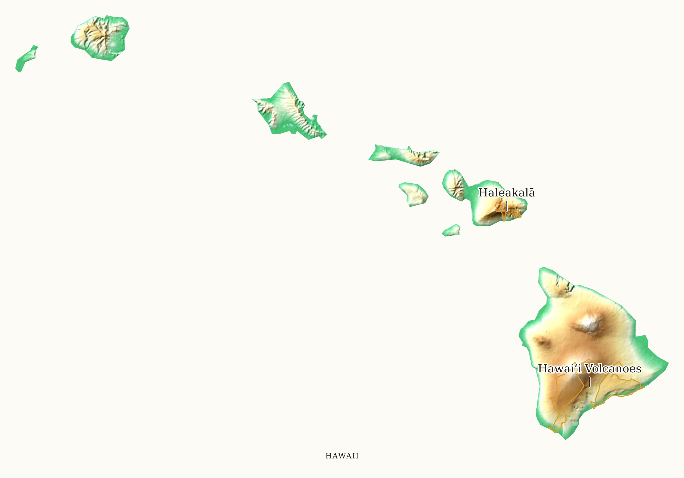 Hawaii National Parks map: elevation tint map, showing 2 locations: Haleakalā, Hawaiʻi Volcanoes