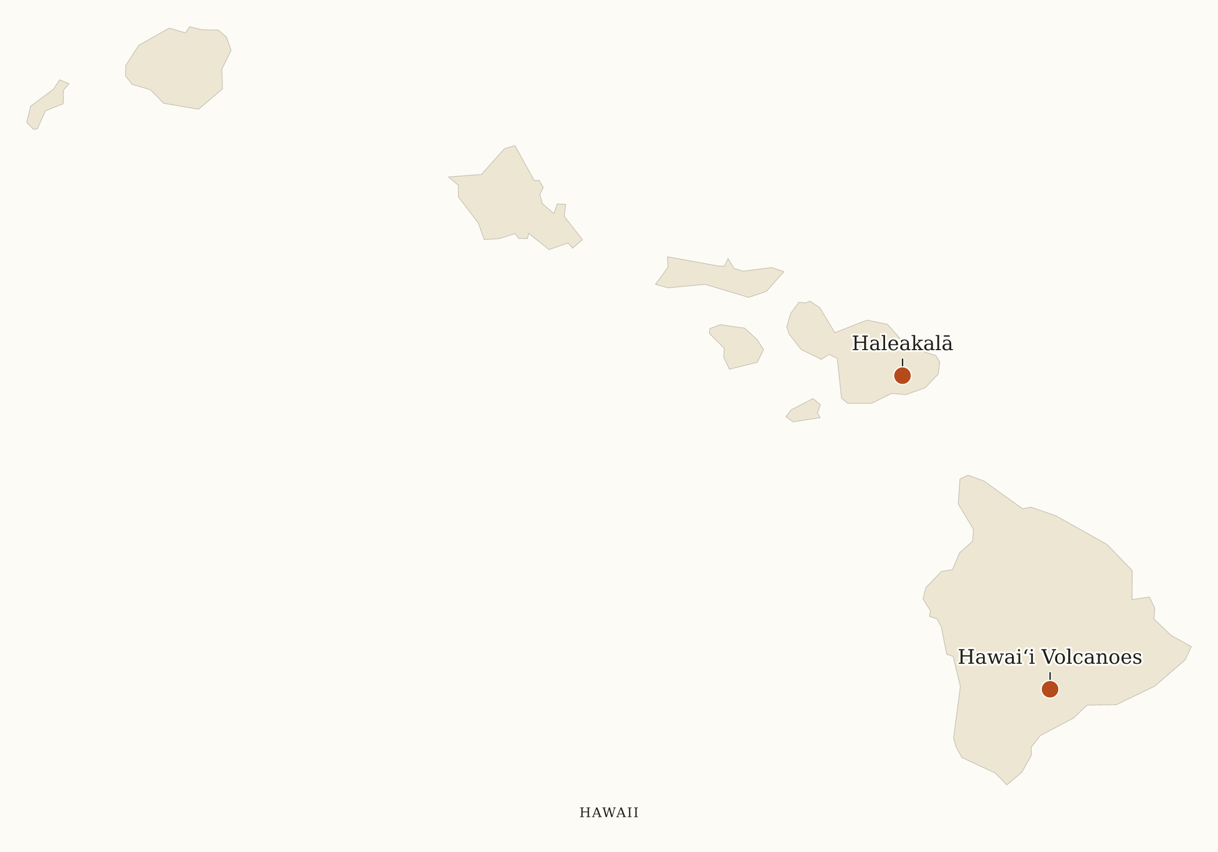 Hawaii National Parks map: map with place names, showing 2 locations: Haleakalā, Hawaiʻi Volcanoes