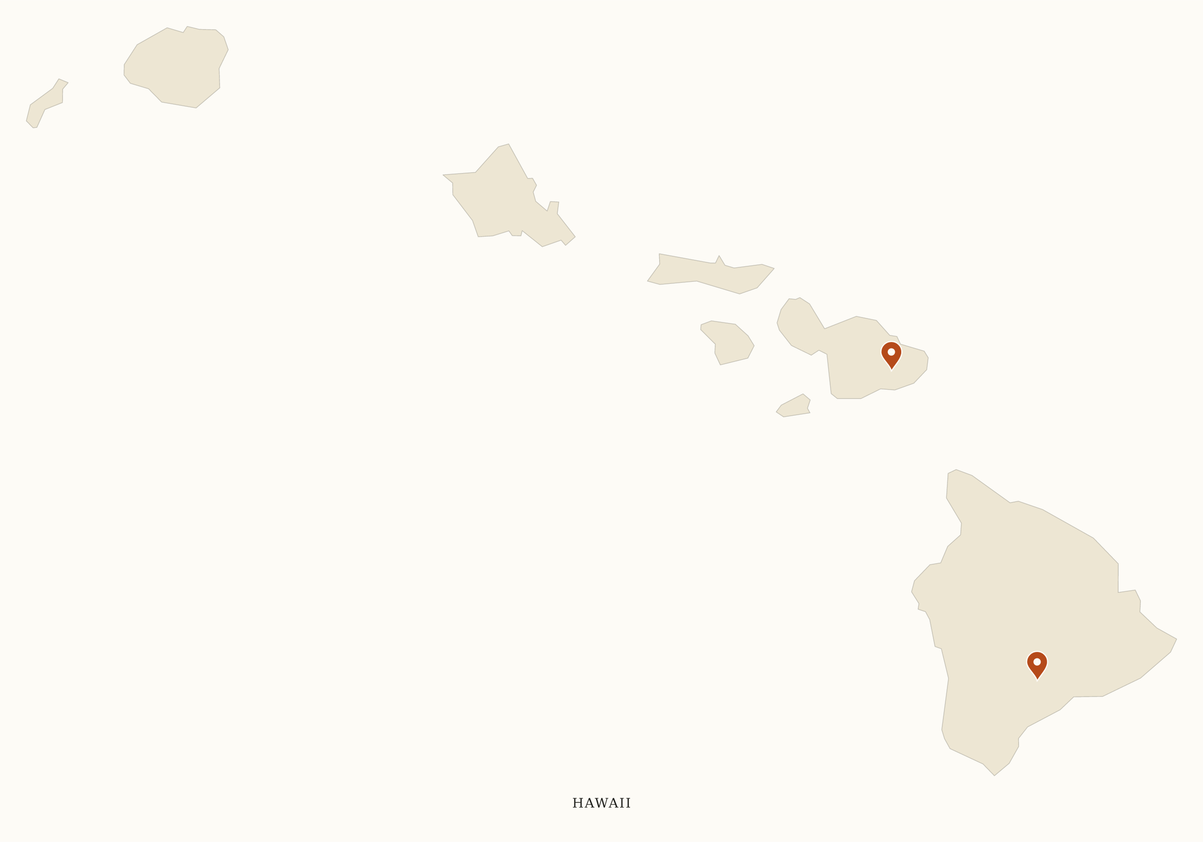 Hawaii National Parks map: clean pin map, showing 2 locations: Haleakalā, Hawaiʻi Volcanoes