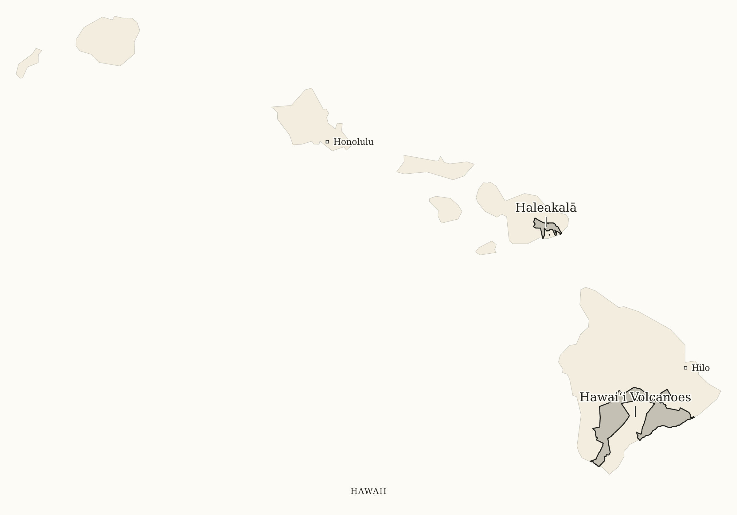 Hawaii National Parks map: print-friendly map, showing 2 locations: Haleakalā, Hawaiʻi Volcanoes