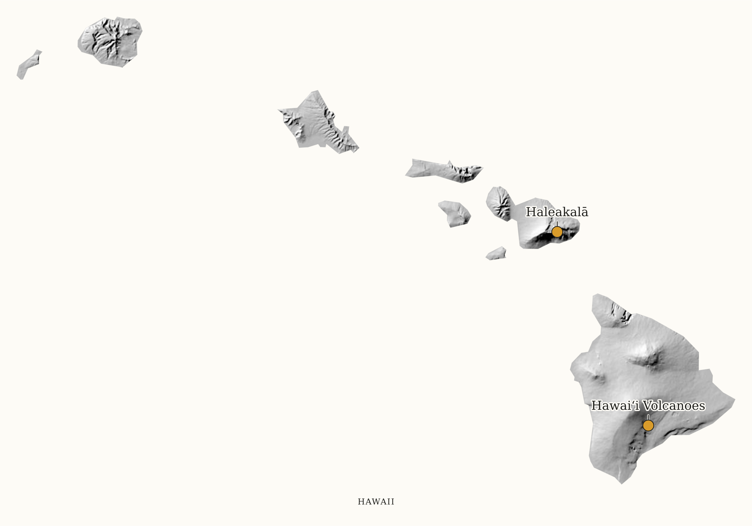 Hawaii National Parks map: shaded relief map, showing 2 locations: Haleakalā, Hawaiʻi Volcanoes