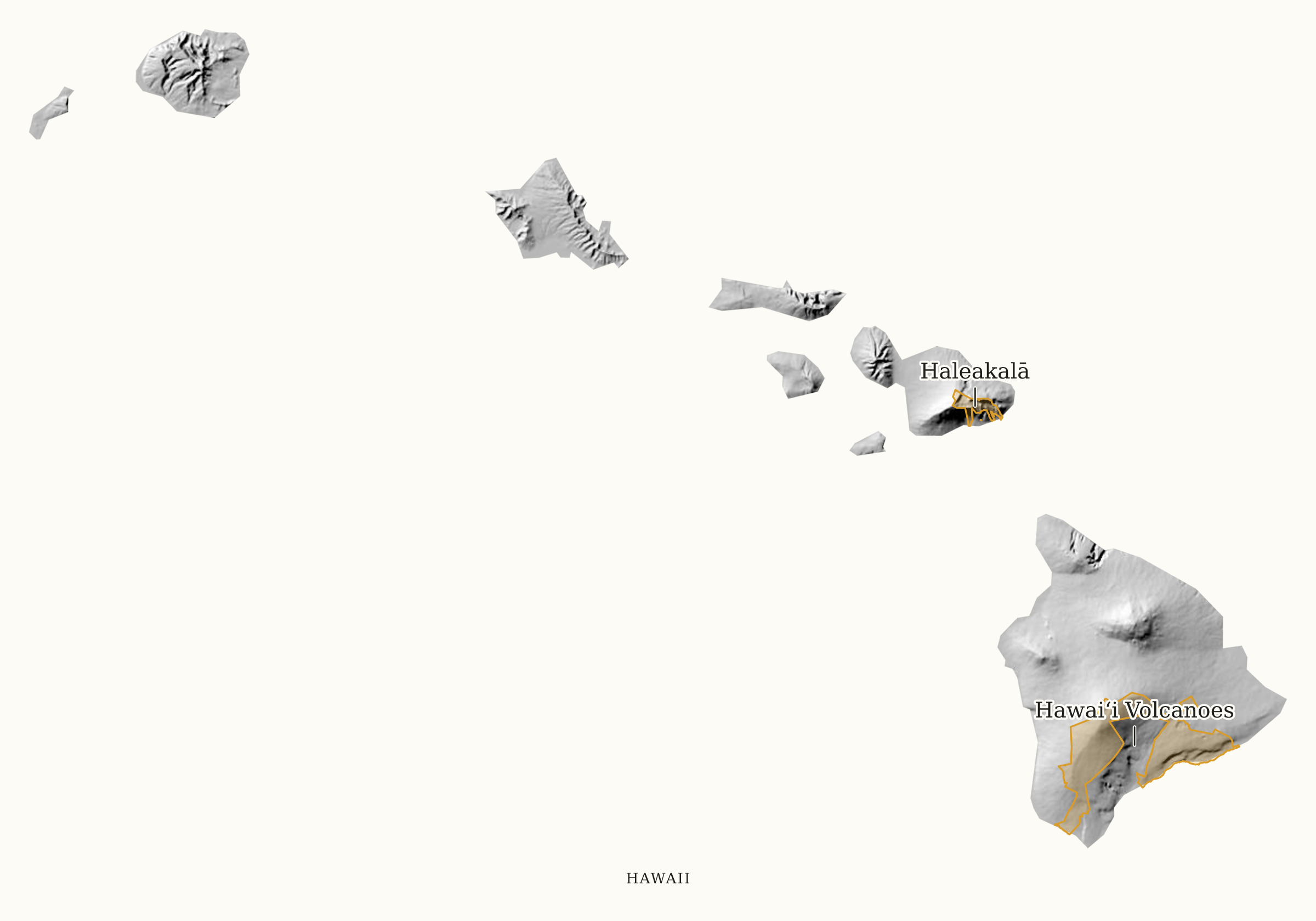Hawaii National Parks map: shaded relief map, showing 2 locations: Haleakalā, Hawaiʻi Volcanoes