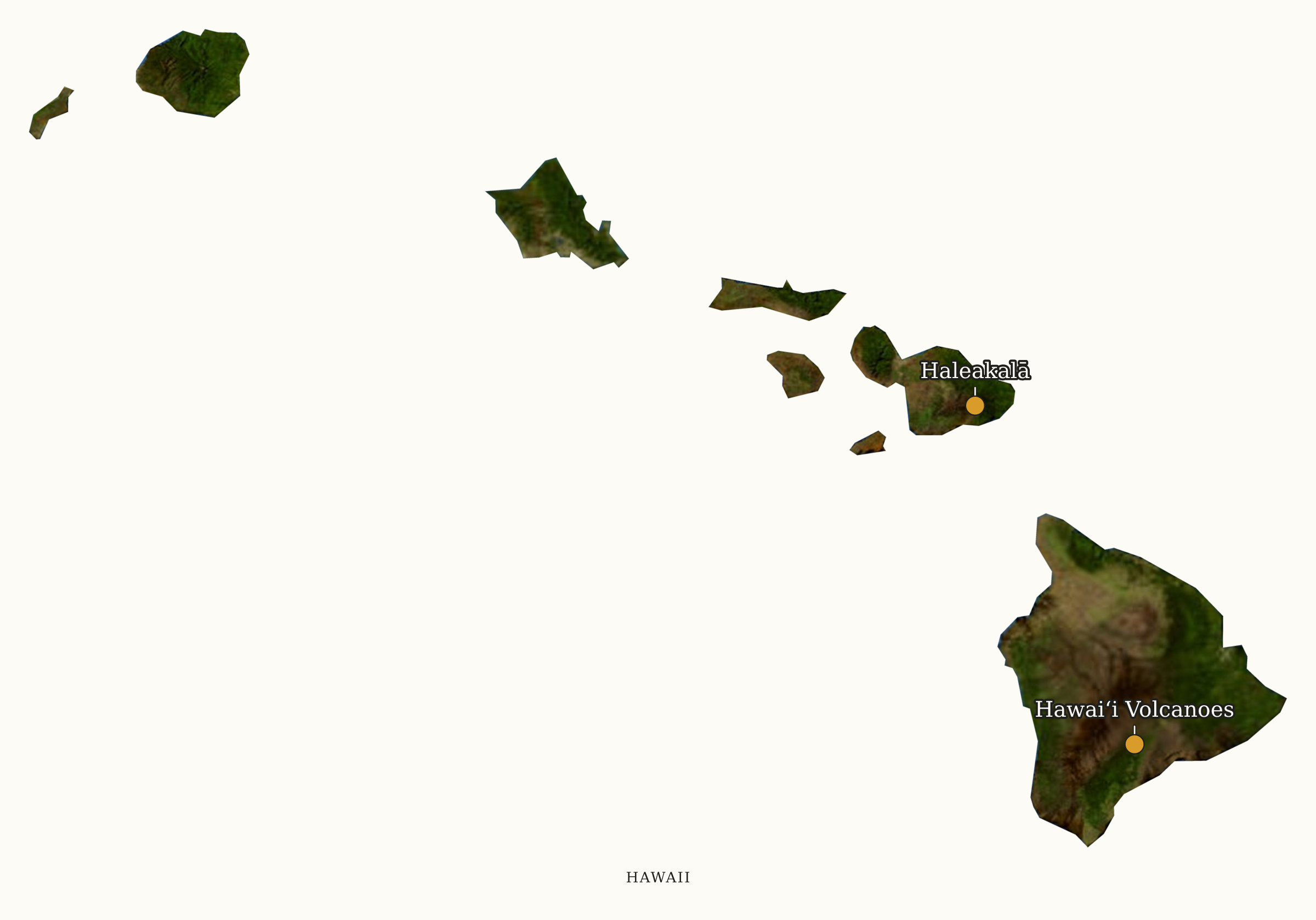 Hawaii National Parks map: labeled satellite map, showing 2 locations: Haleakalā, Hawaiʻi Volcanoes