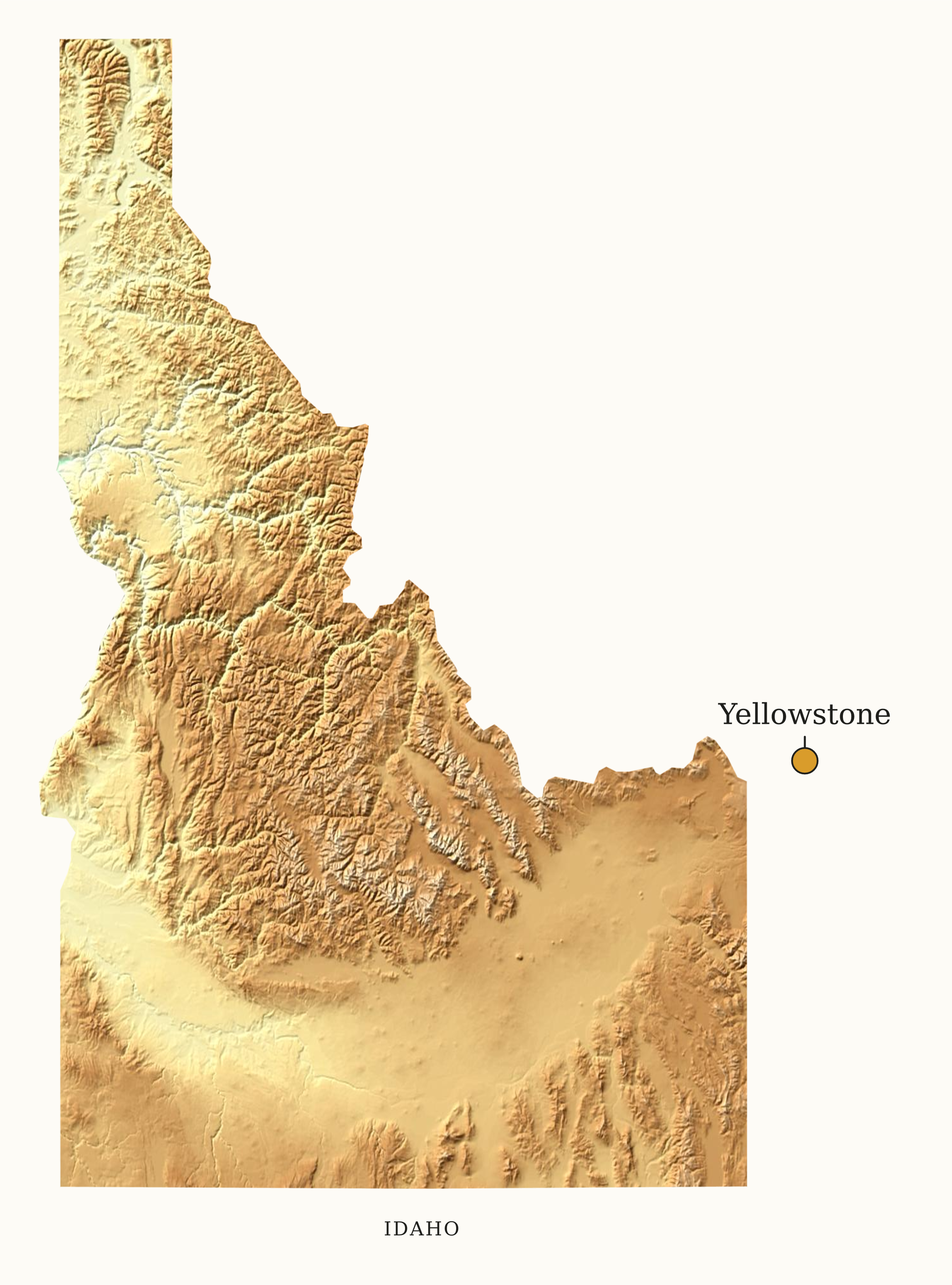 Idaho National Parks map: elevation tint map, showing 1 locations: Yellowstone