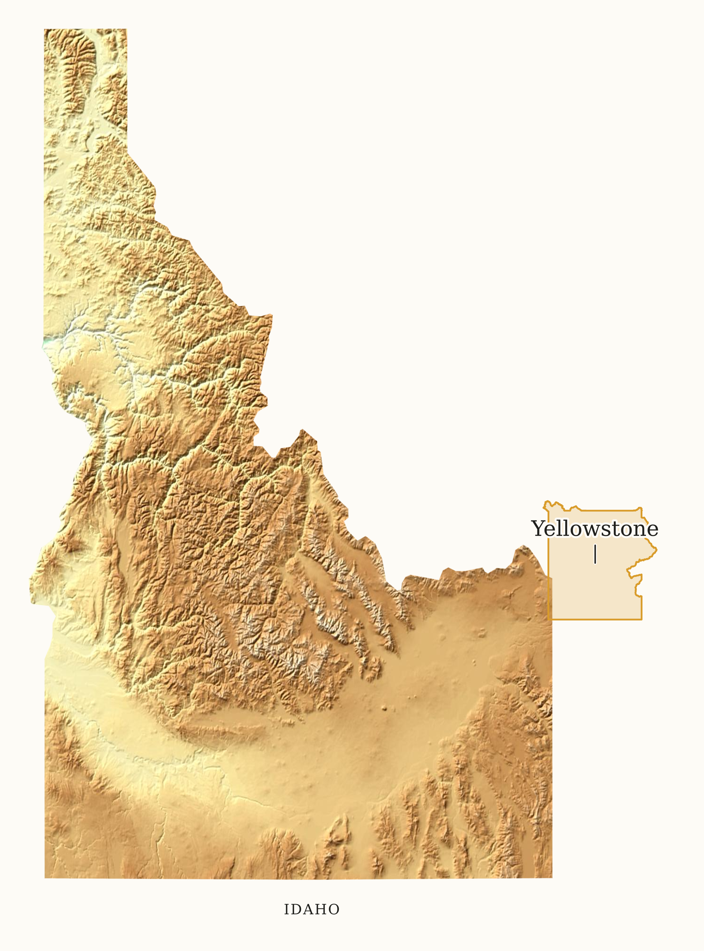 Idaho National Parks map: elevation tint map, showing 1 locations: Yellowstone