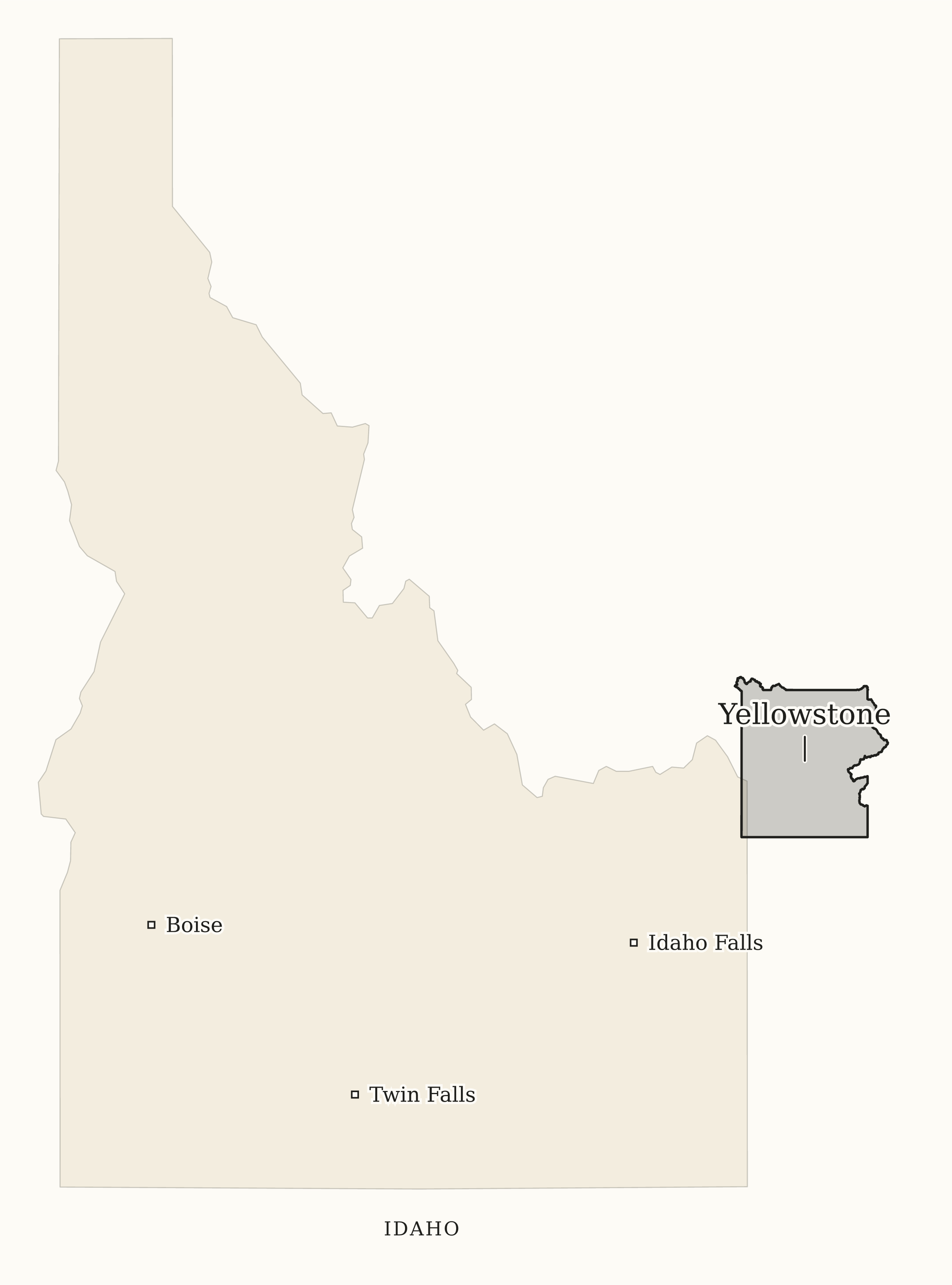 Idaho National Parks map: print-friendly map, showing 1 locations: Yellowstone