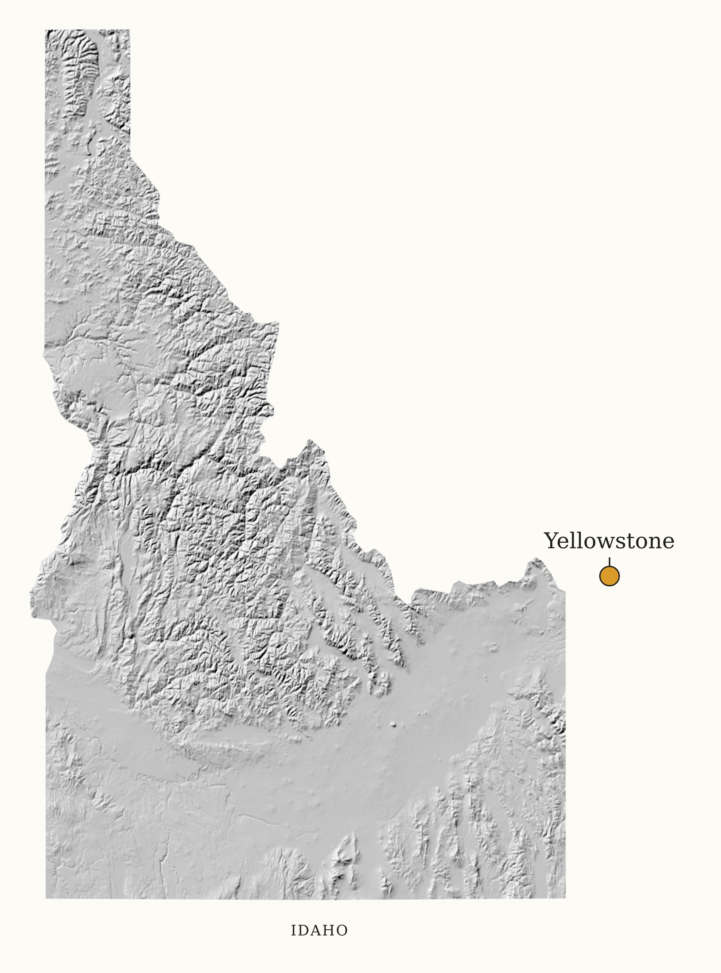 Idaho National Parks map: shaded relief map, showing 1 locations: Yellowstone