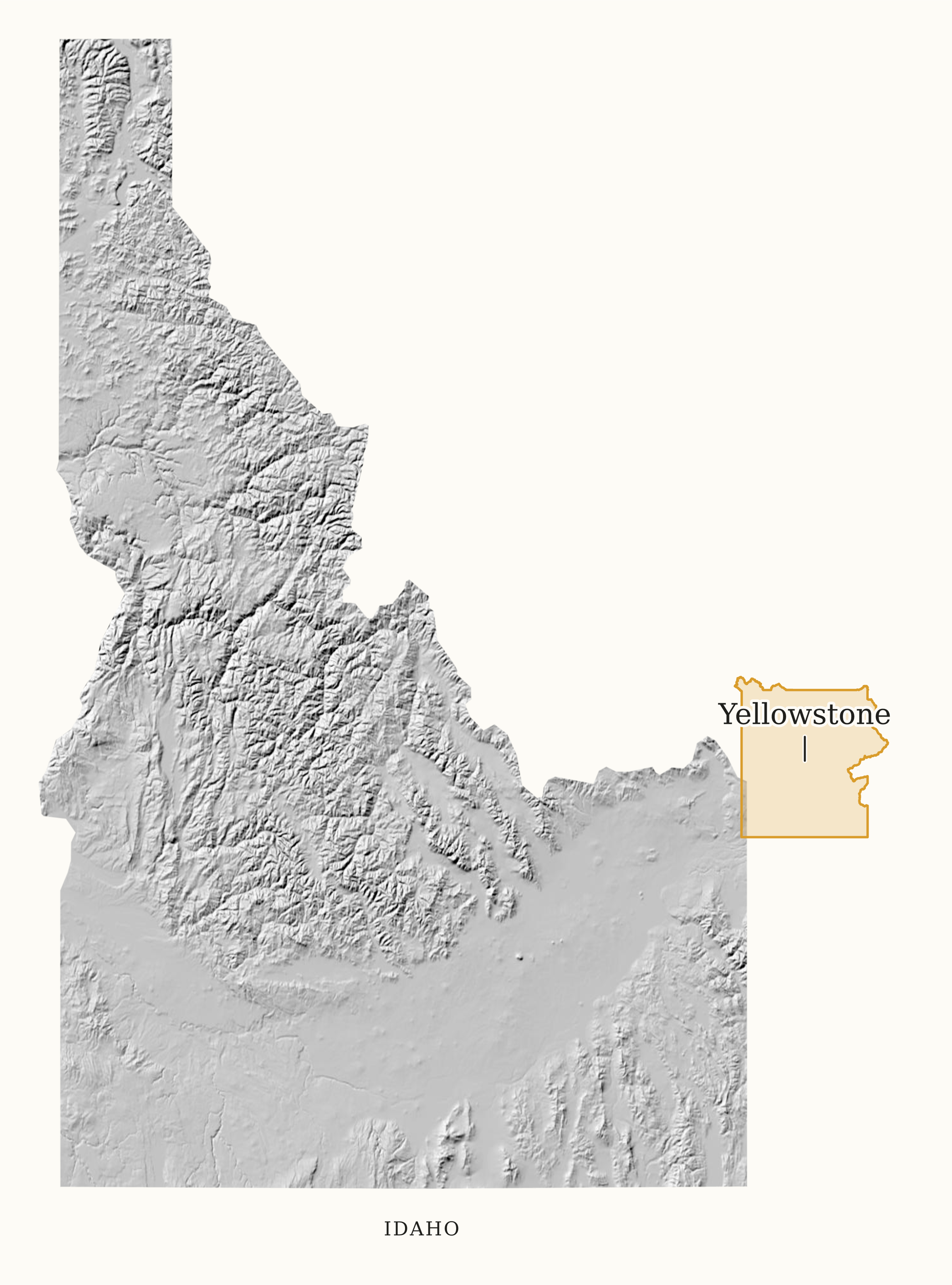 Idaho National Parks map: shaded relief map, showing 1 locations: Yellowstone