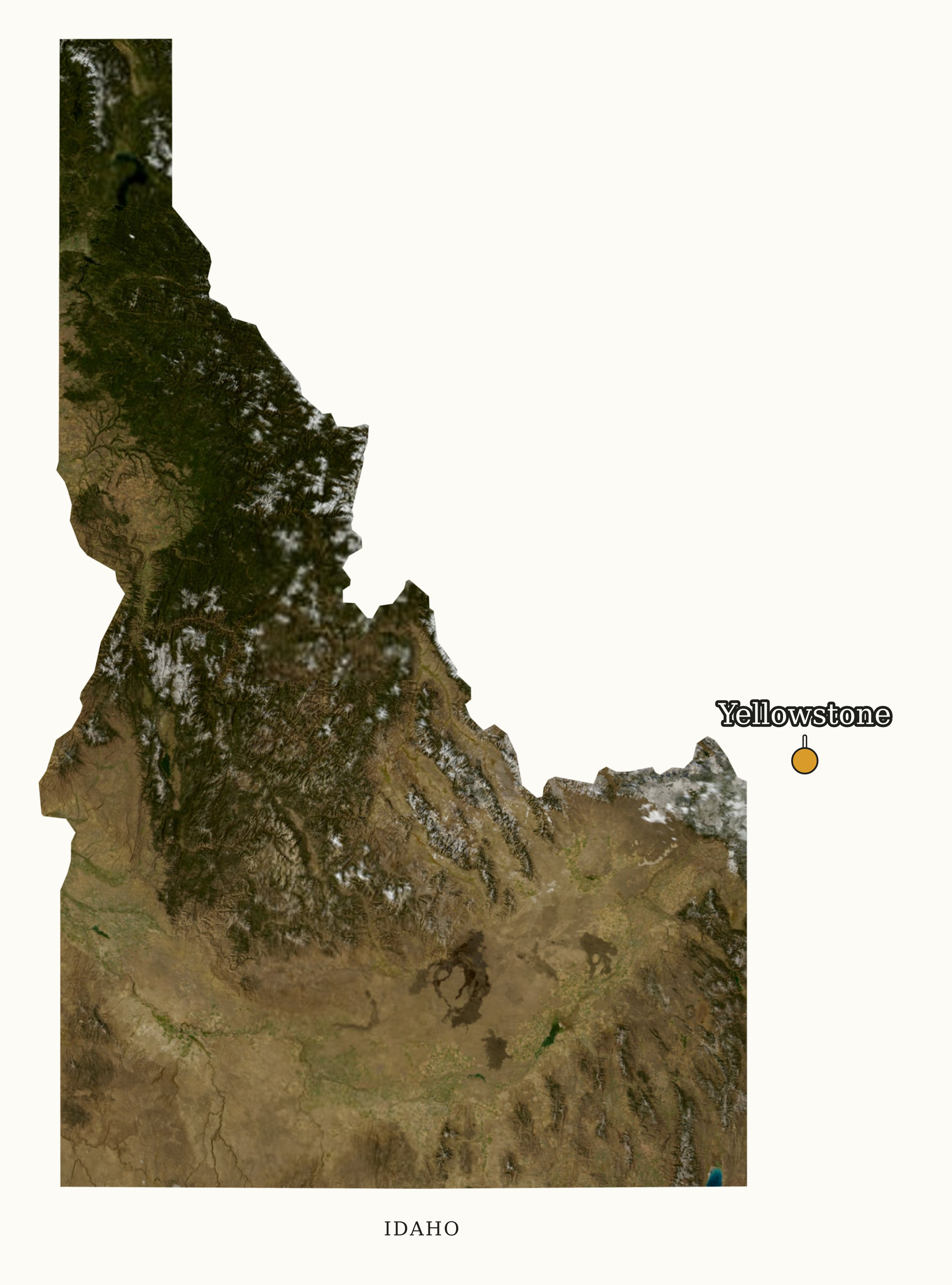 Idaho National Parks map: labeled satellite map, showing 1 locations: Yellowstone