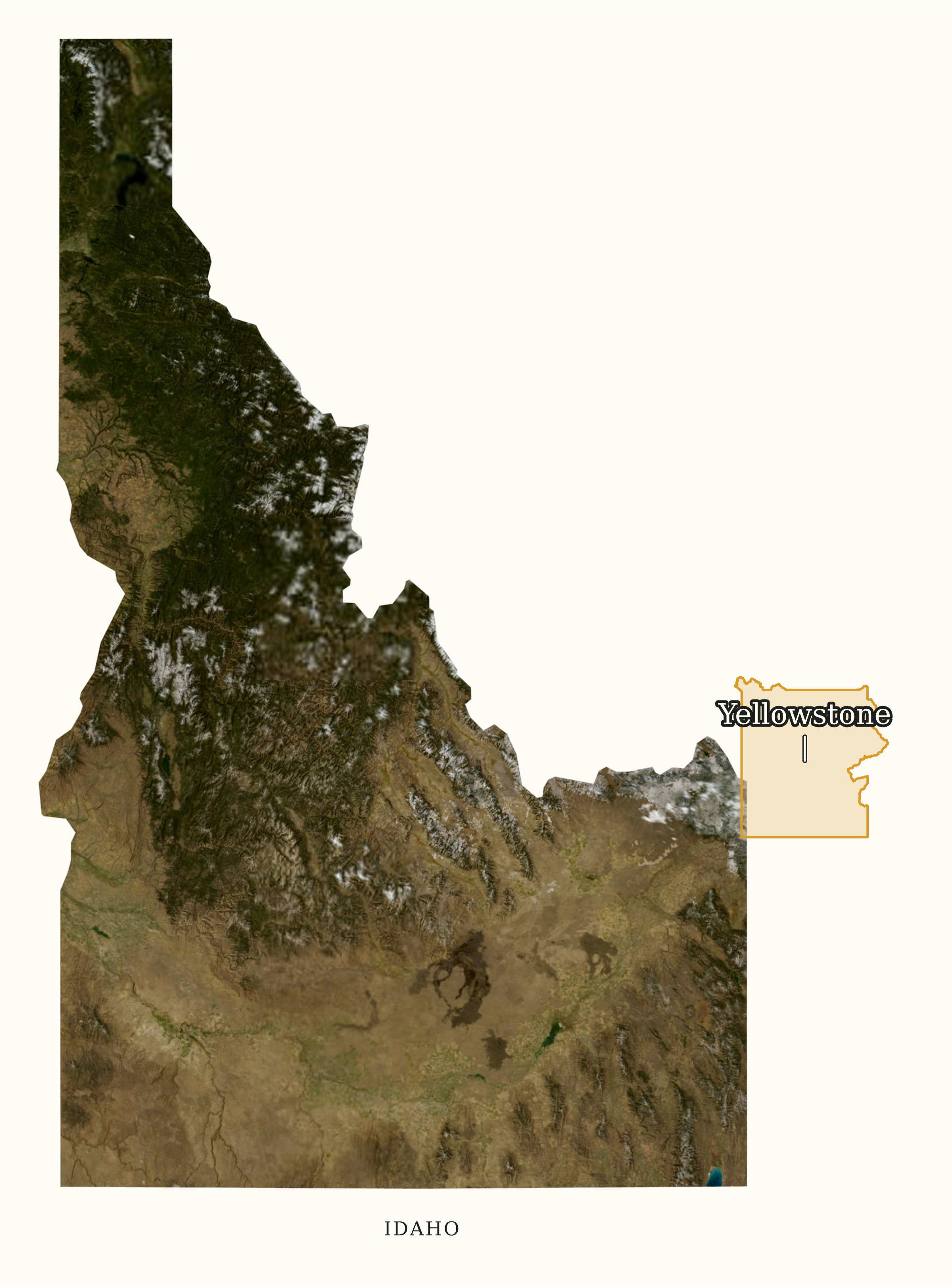 Idaho National Parks map: labeled satellite map, showing 1 locations: Yellowstone