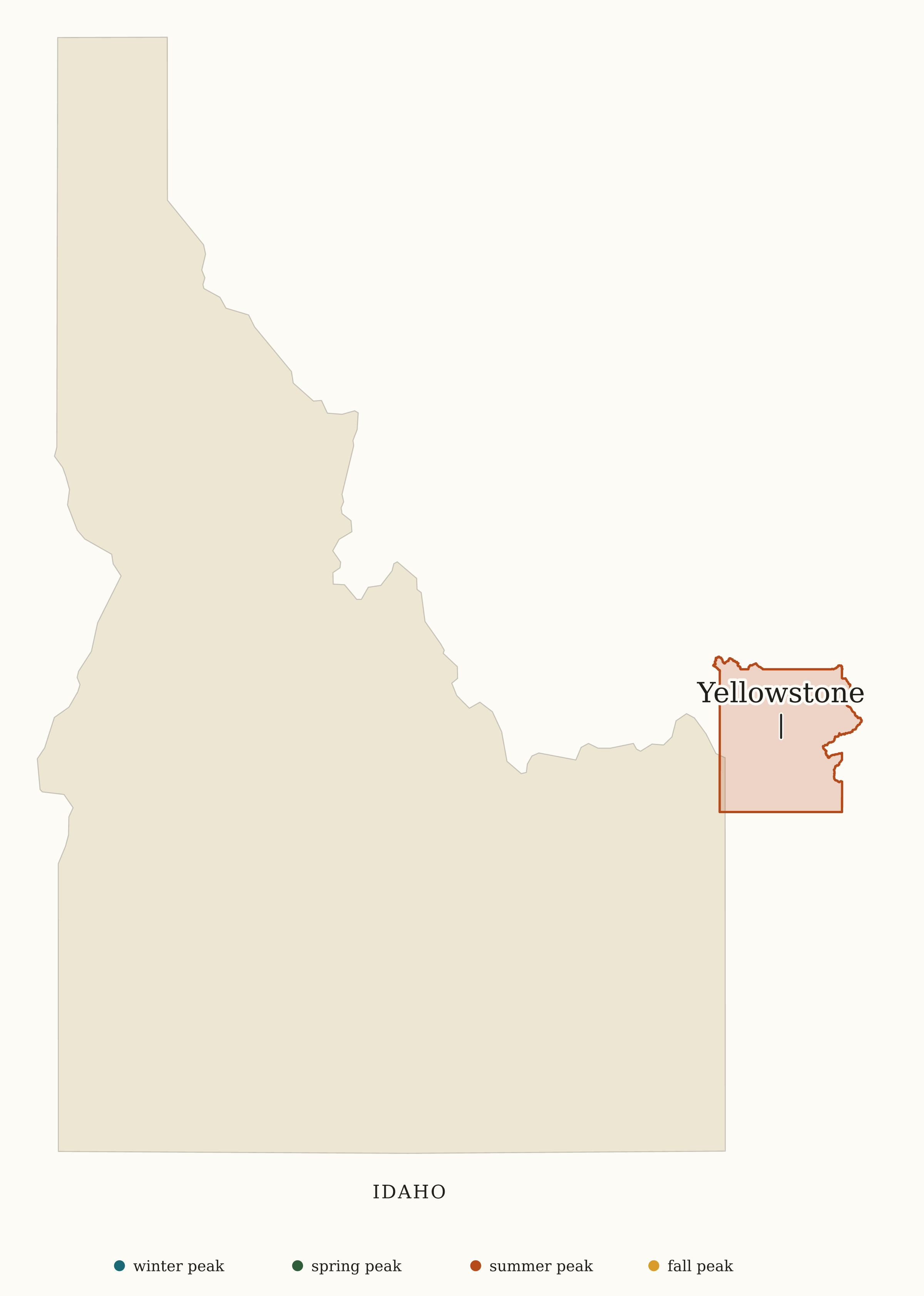 Idaho National Parks map: busiest-season map, showing 1 locations: Yellowstone