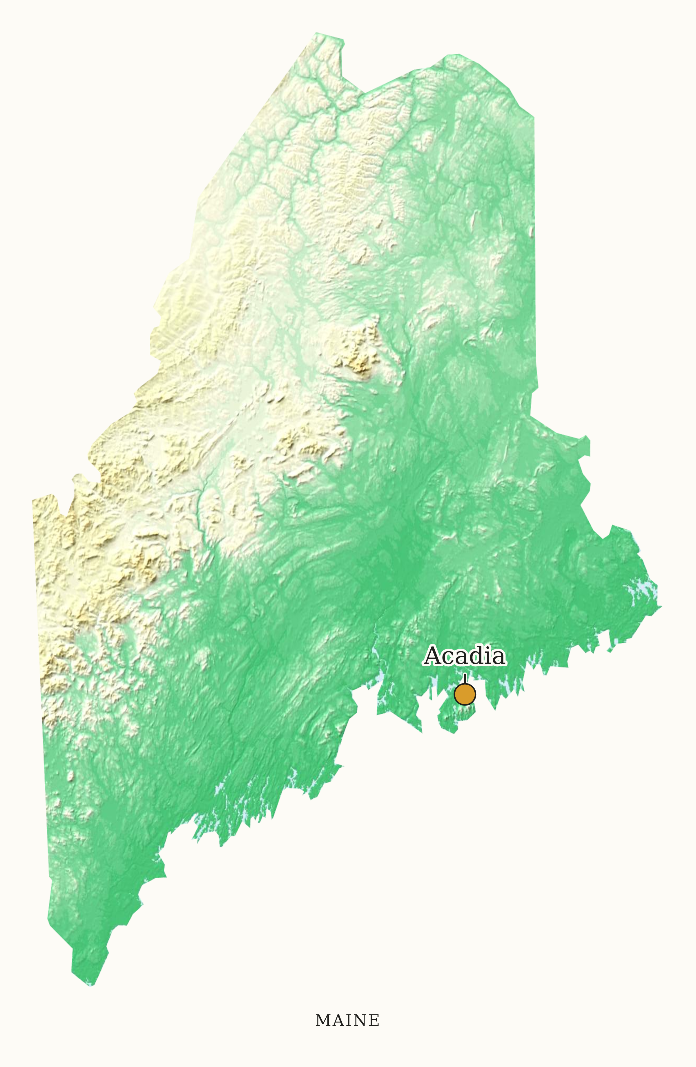 Maine National Parks map: elevation tint map, showing 1 locations: Acadia